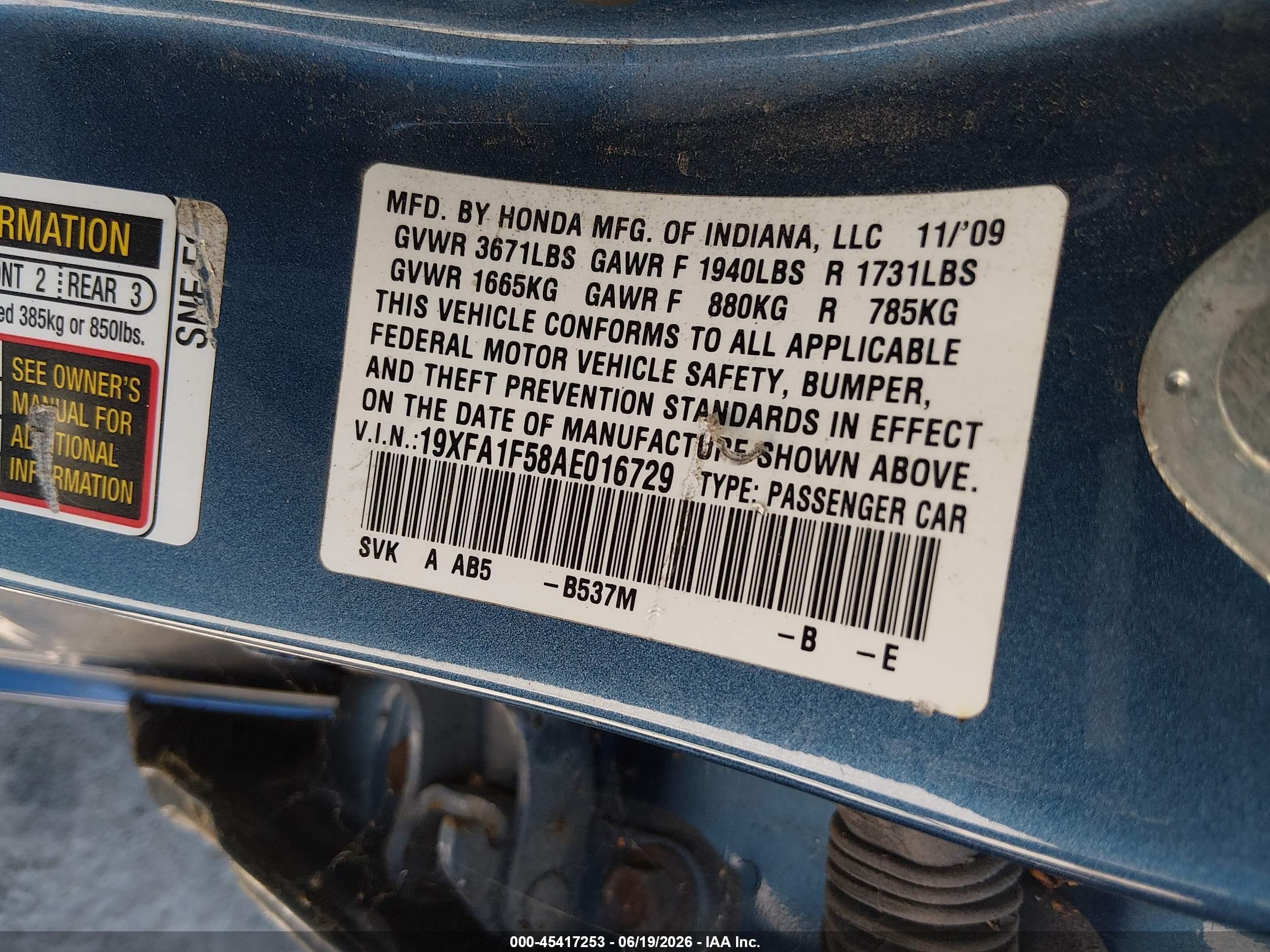 2010 Honda Civic Lx Blue vin: 19XFA1F58AE016729