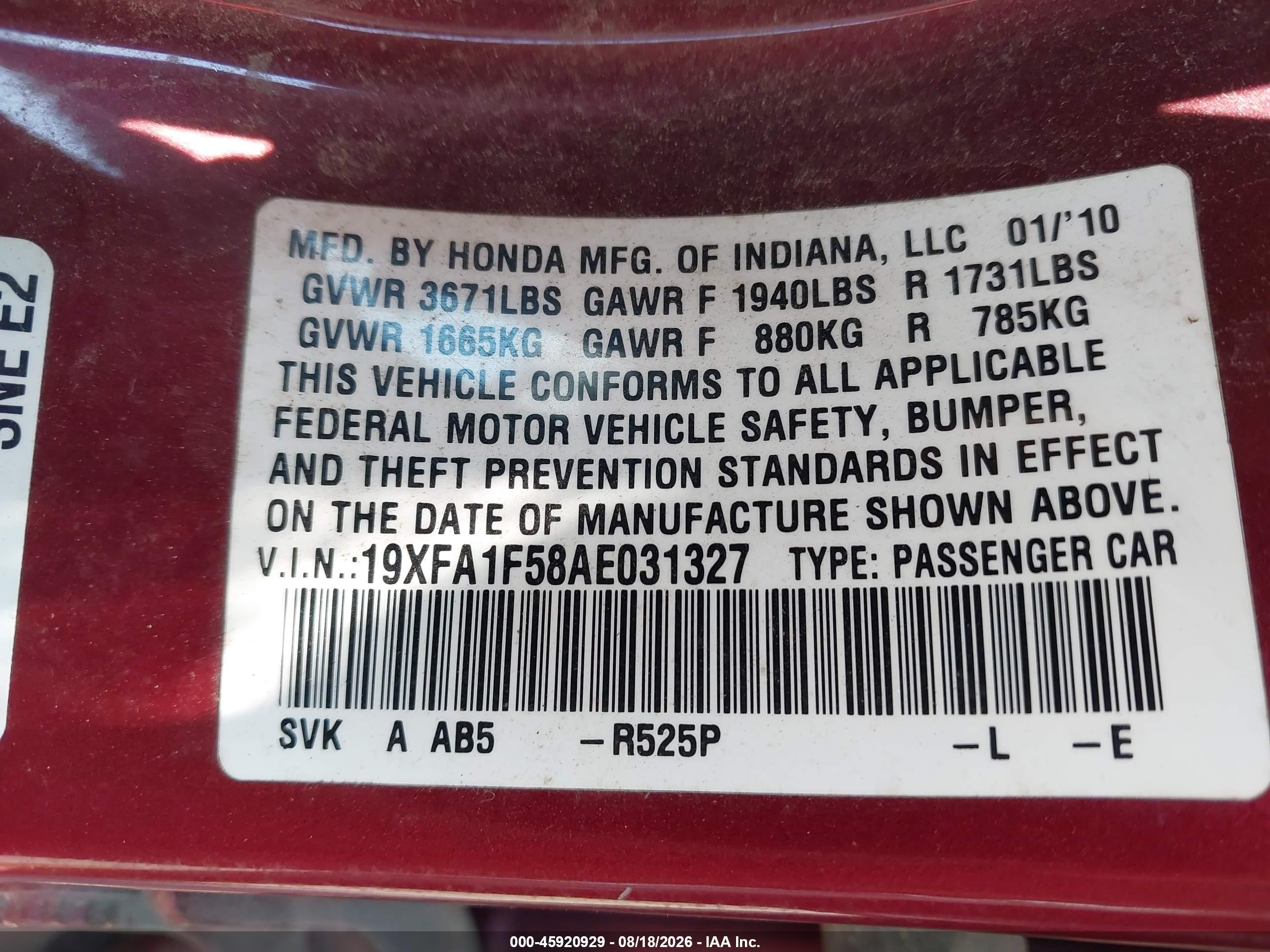 2010 Honda Civic Lx Burgundy vin: 19XFA1F58AE031327