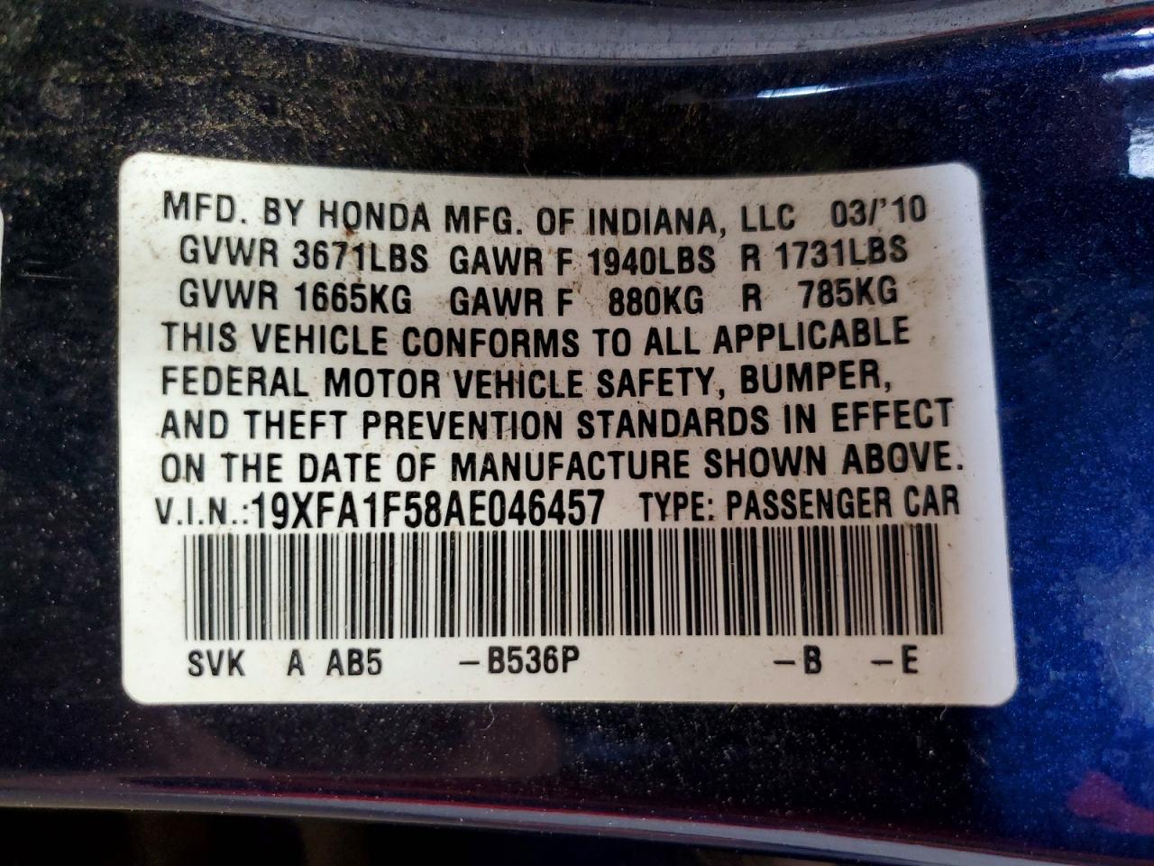 2010 Honda Civic Lx Blue vin: 19XFA1F58AE046457
