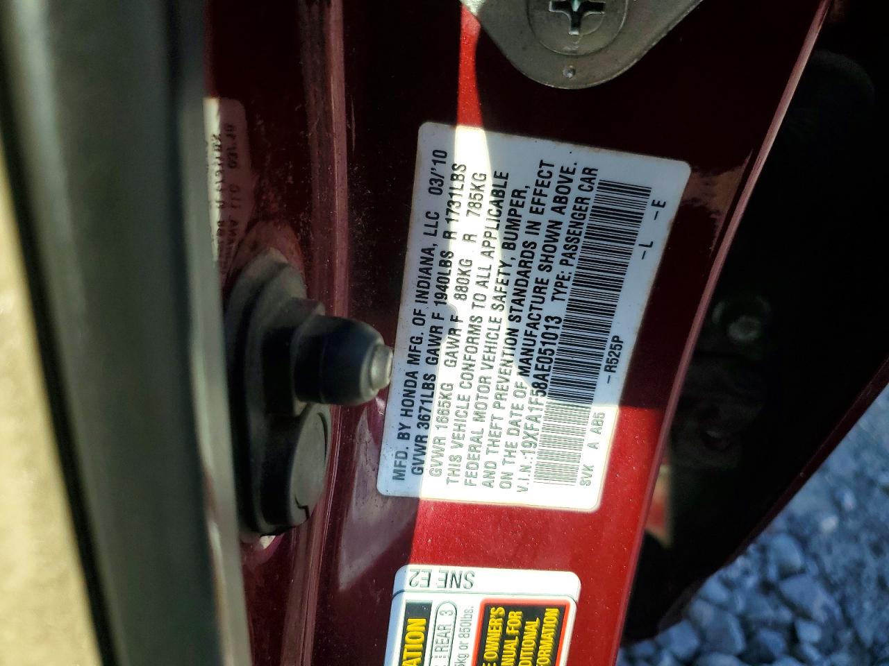 2010 Honda Civic Lx Burgundy vin: 19XFA1F58AE051013