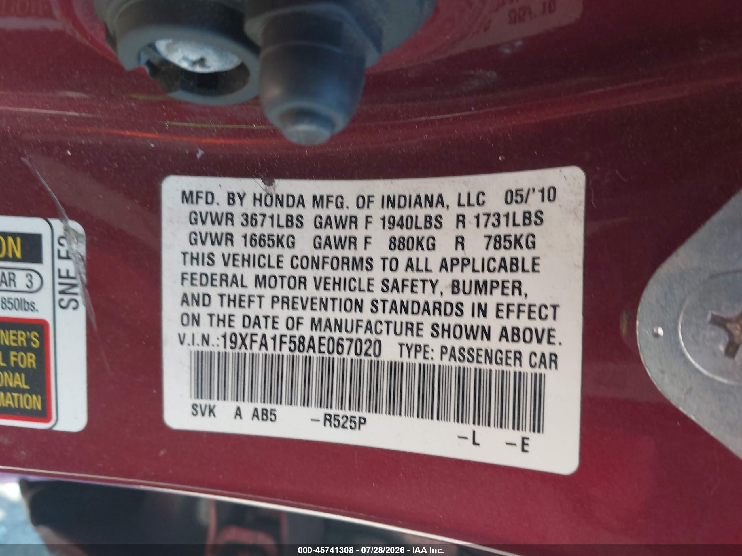 2010 Honda Civic Lx Red vin: 19XFA1F58AE067020