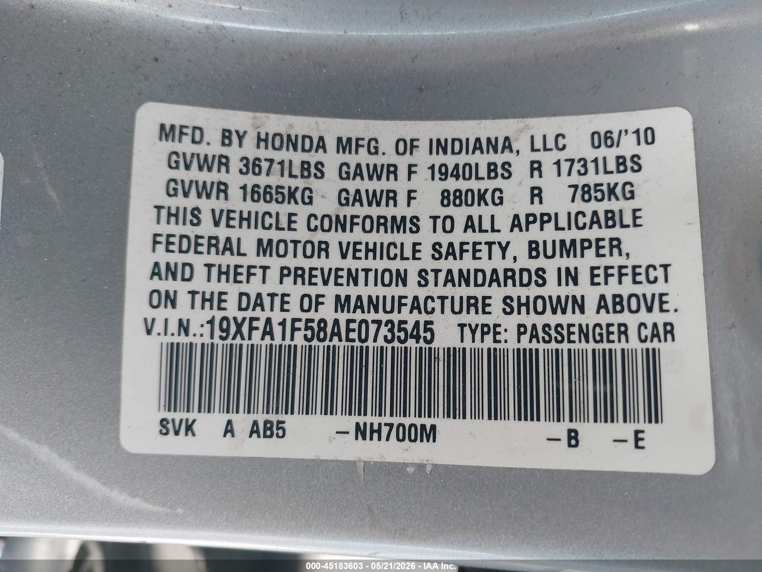 2010 Honda Civic Lx Silver vin: 19XFA1F58AE073545