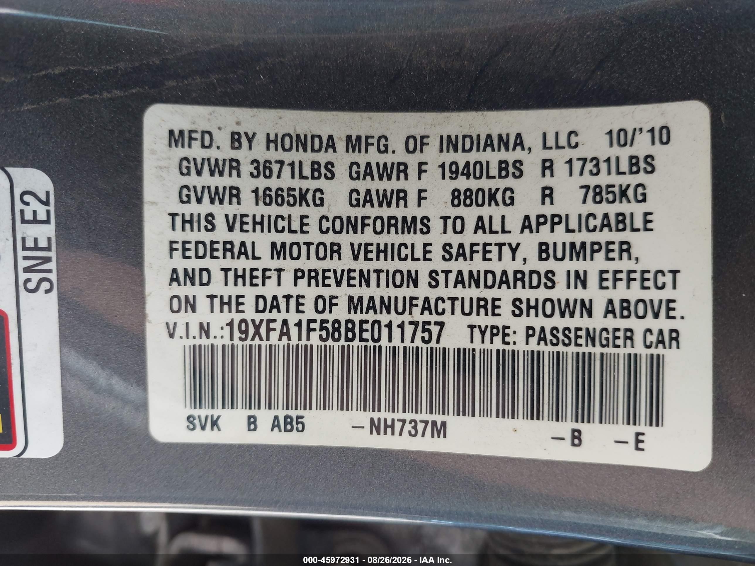 2011 Honda Civic Lx Gray vin: 19XFA1F58BE011757