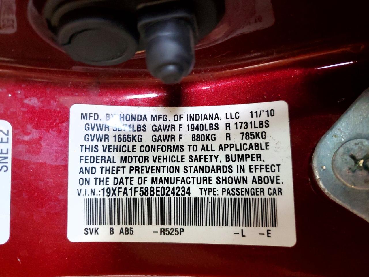 2011 Honda Civic Lx Maroon vin: 19XFA1F58BE024234