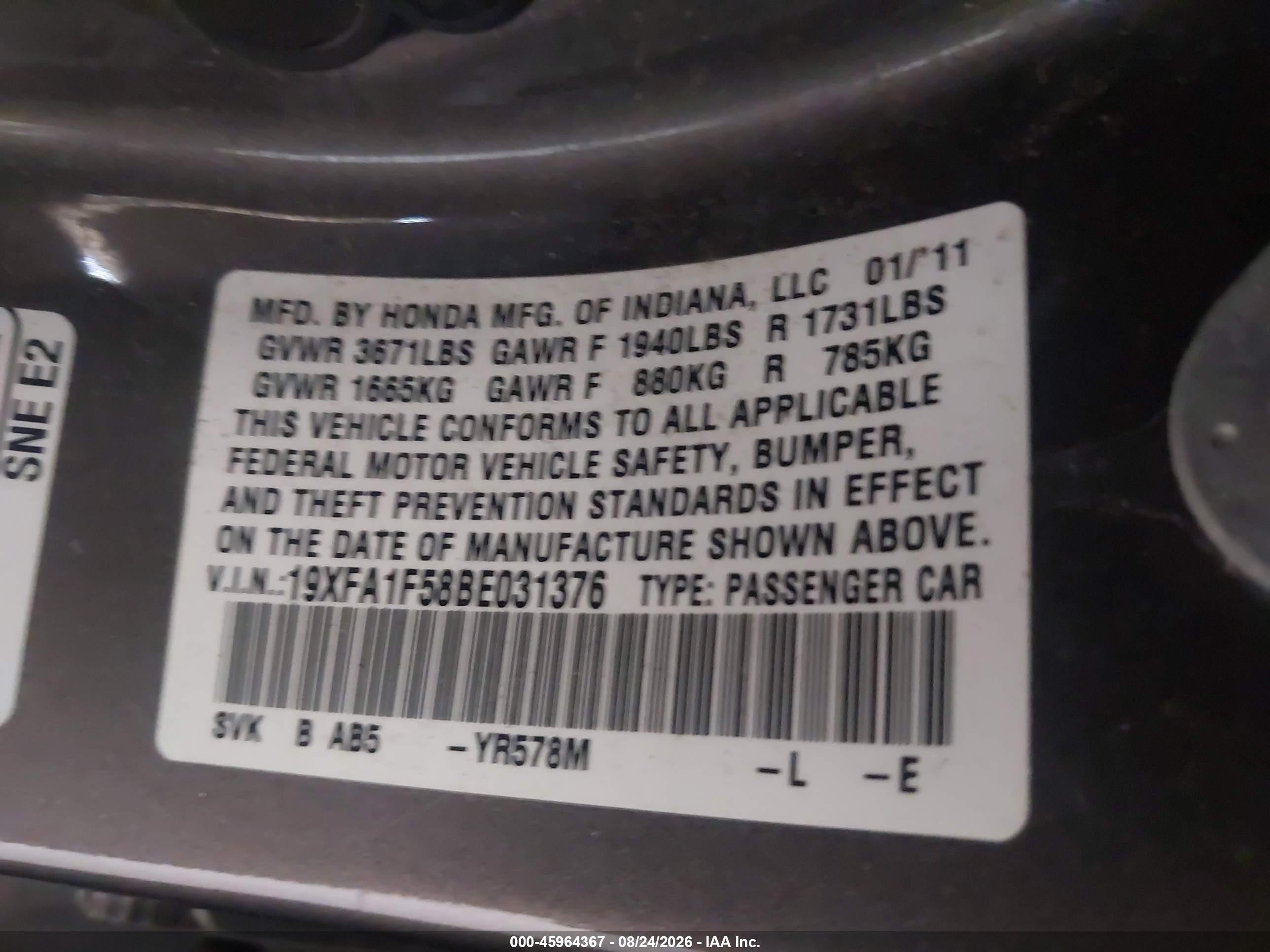 2011 Honda Civic Lx Gray vin: 19XFA1F58BE031376