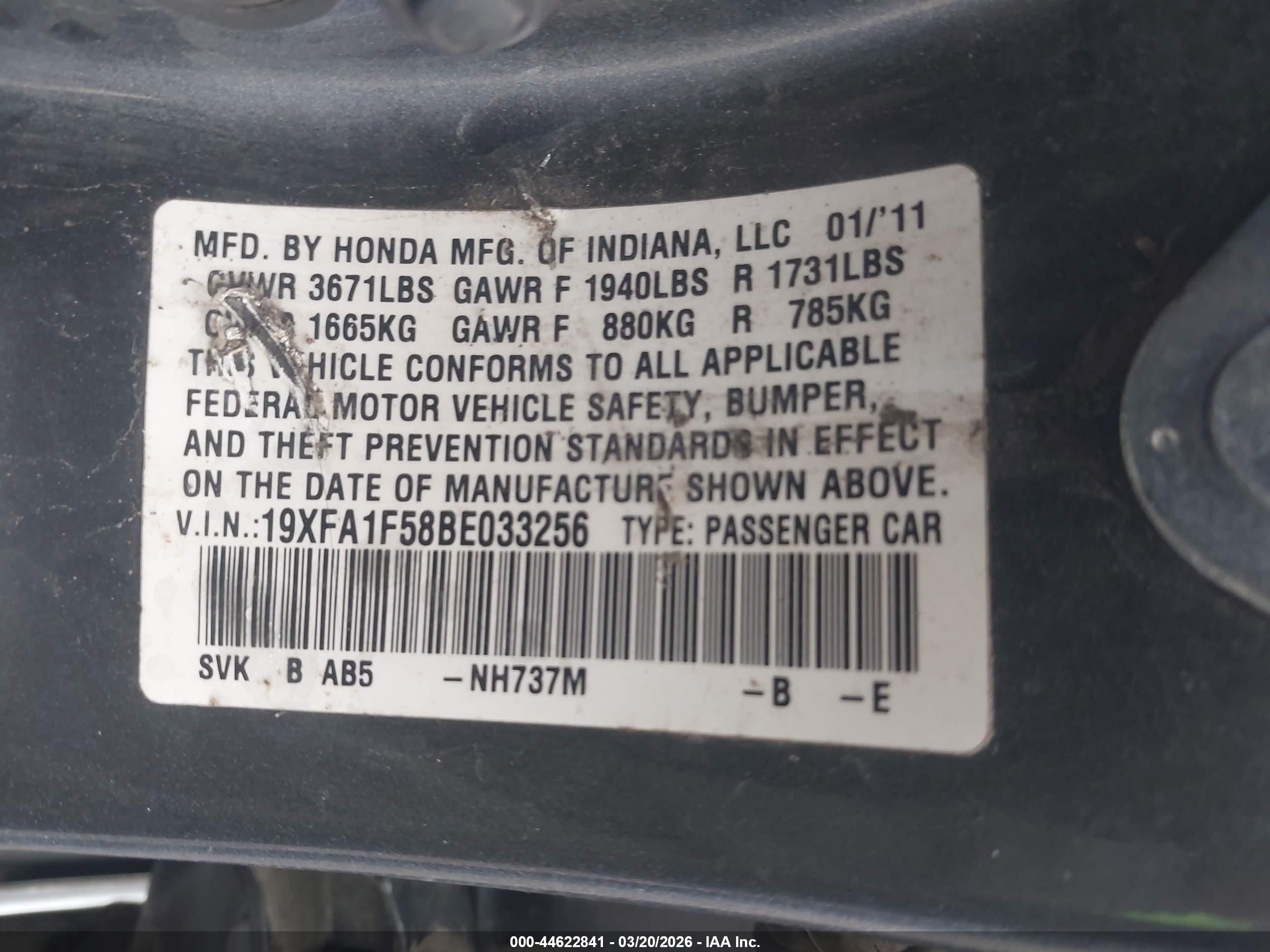 2011 Honda Civic Lx Gray vin: 19XFA1F58BE033256