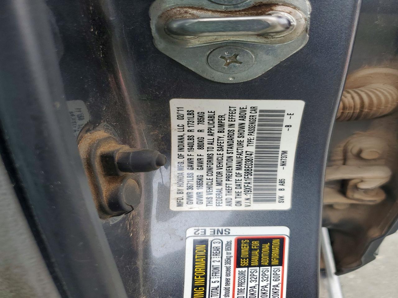 2011 Honda Civic Lx Gray vin: 19XFA1F58BE038747
