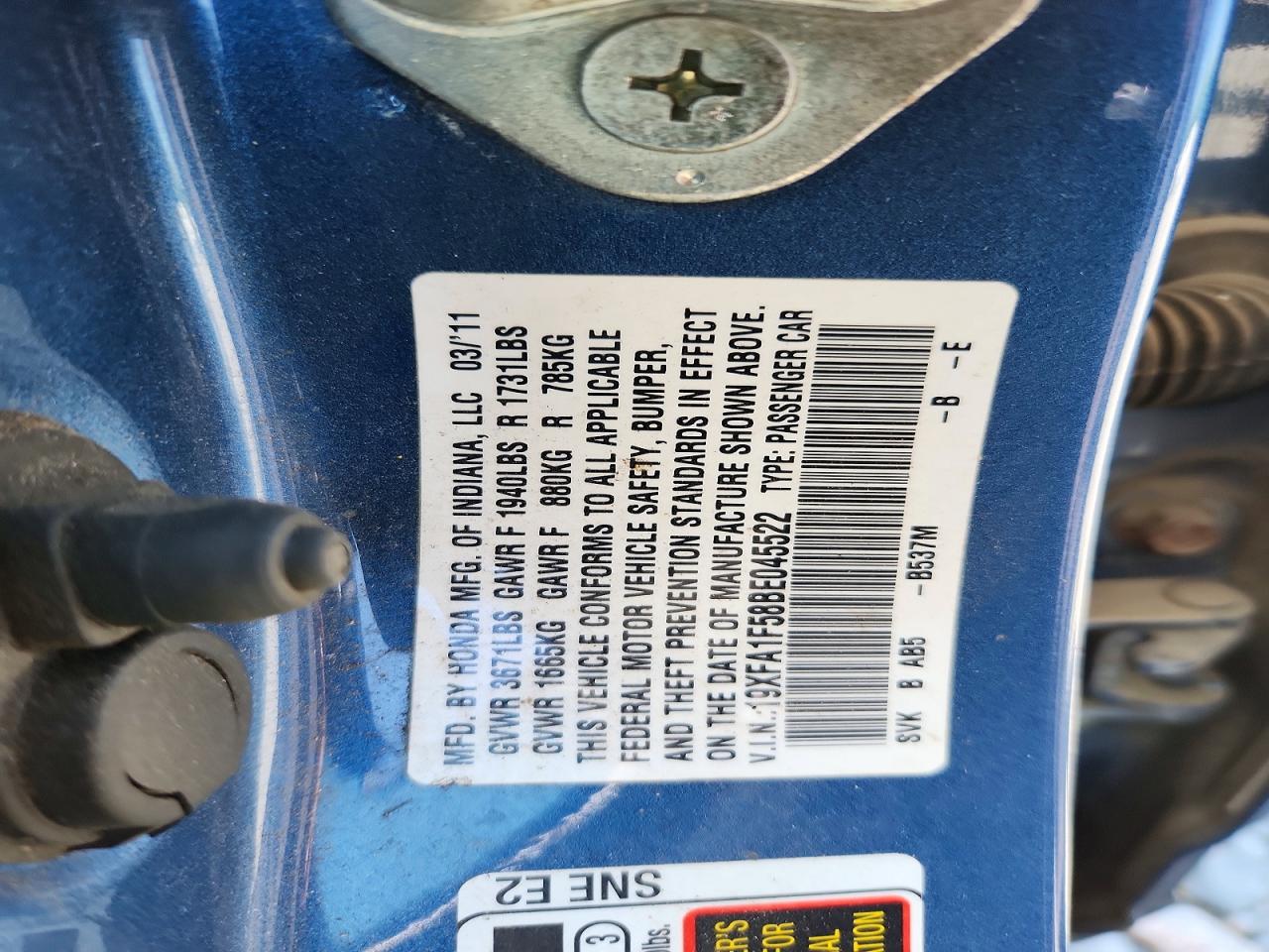 2011 Honda Civic Lx Blue vin: 19XFA1F58BE045522