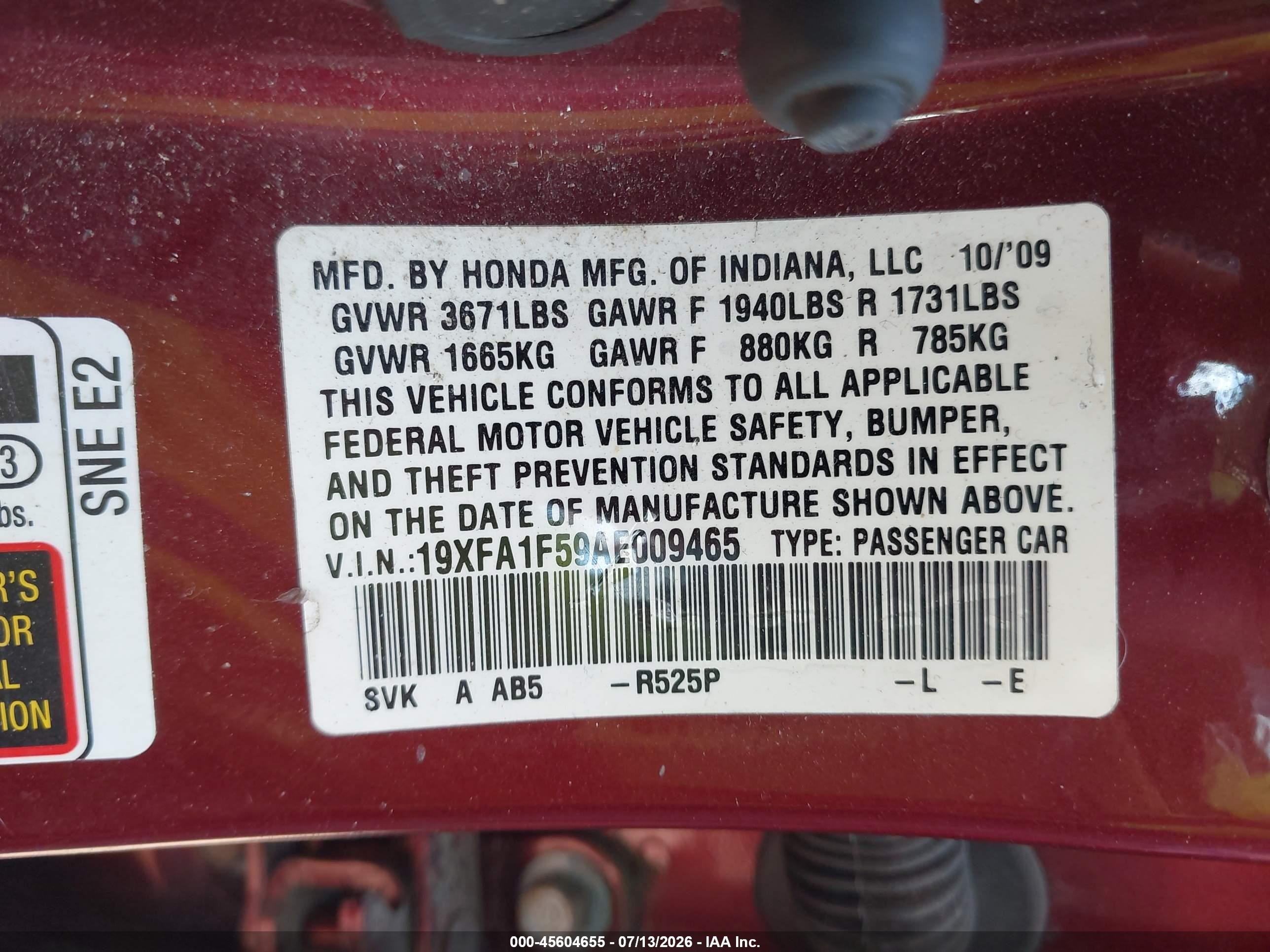 2010 Honda Civic Lx Burgundy vin: 19XFA1F59AE009465