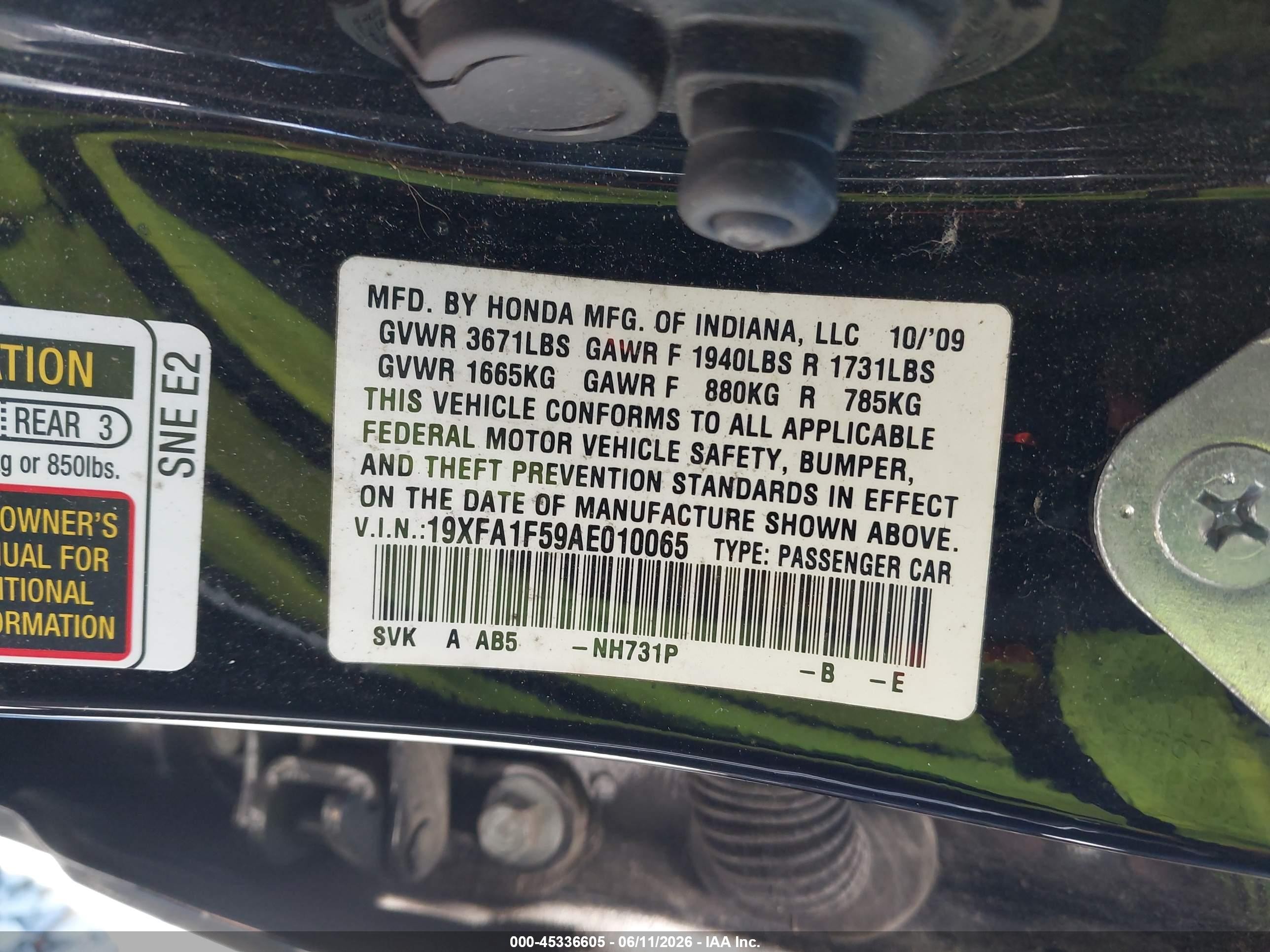 2010 Honda Civic Lx Black vin: 19XFA1F59AE010065