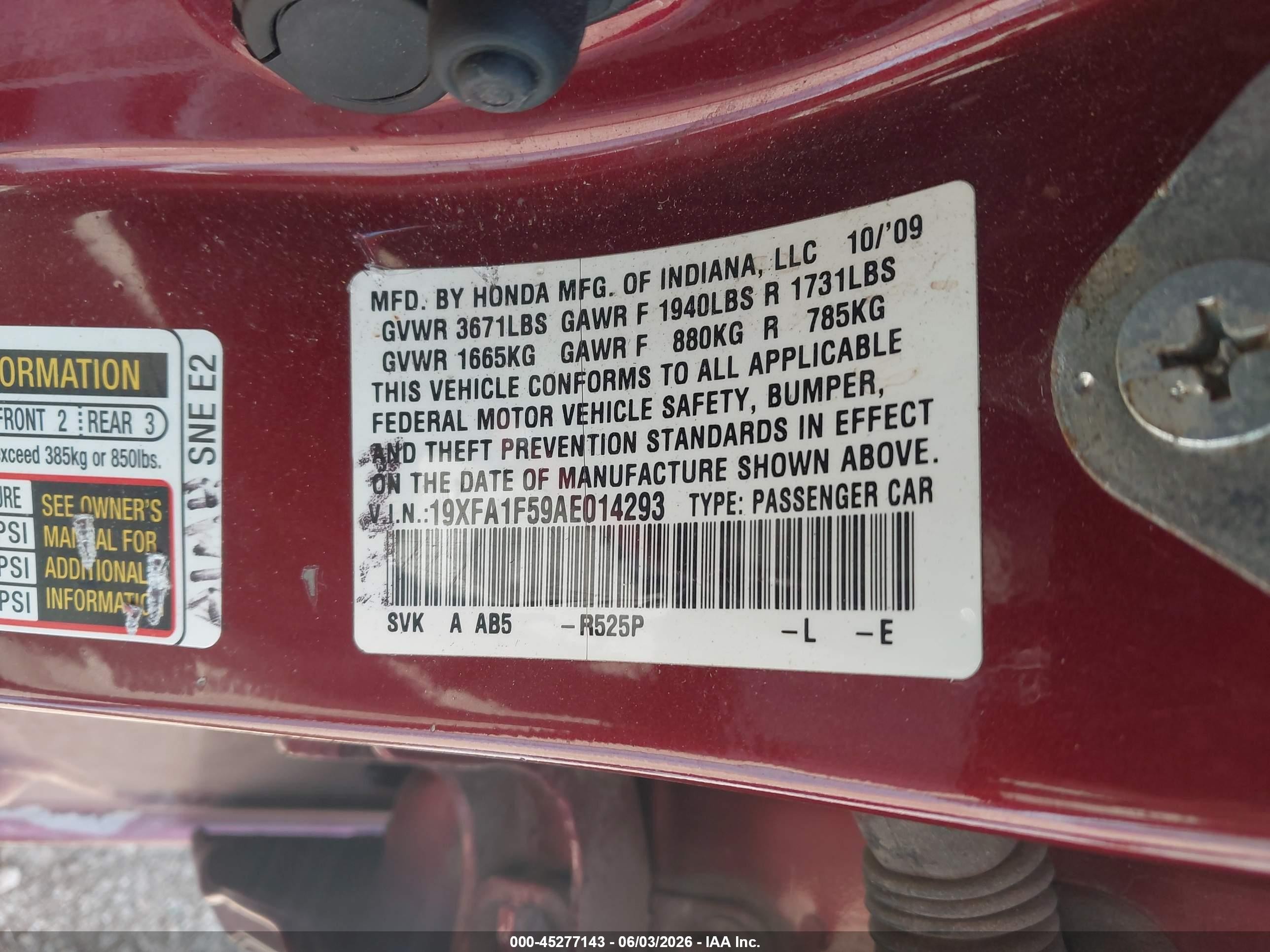 2010 Honda Civic Lx Red vin: 19XFA1F59AE014293