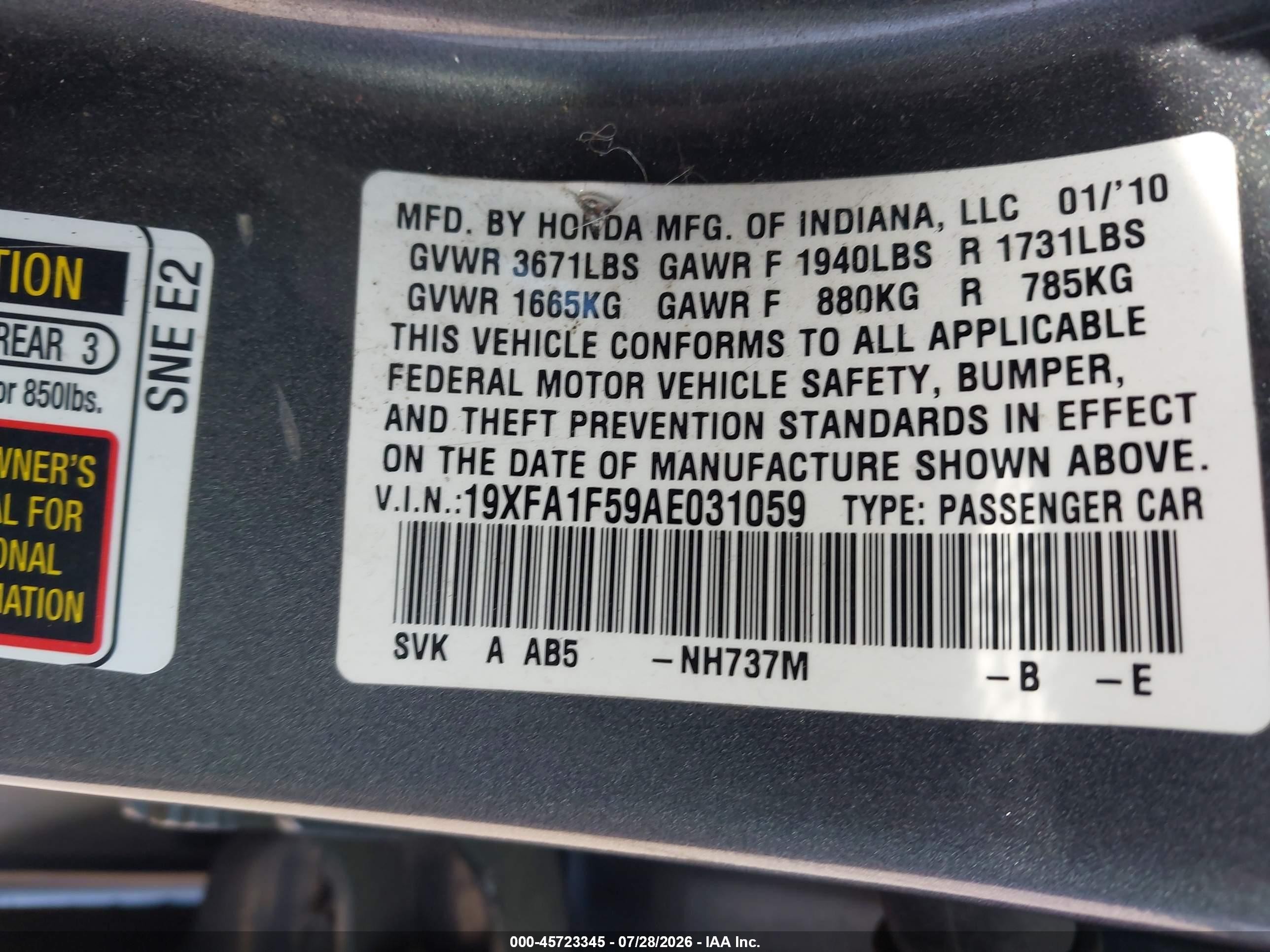 2010 Honda Civic Lx Серый vin: 19XFA1F59AE031059