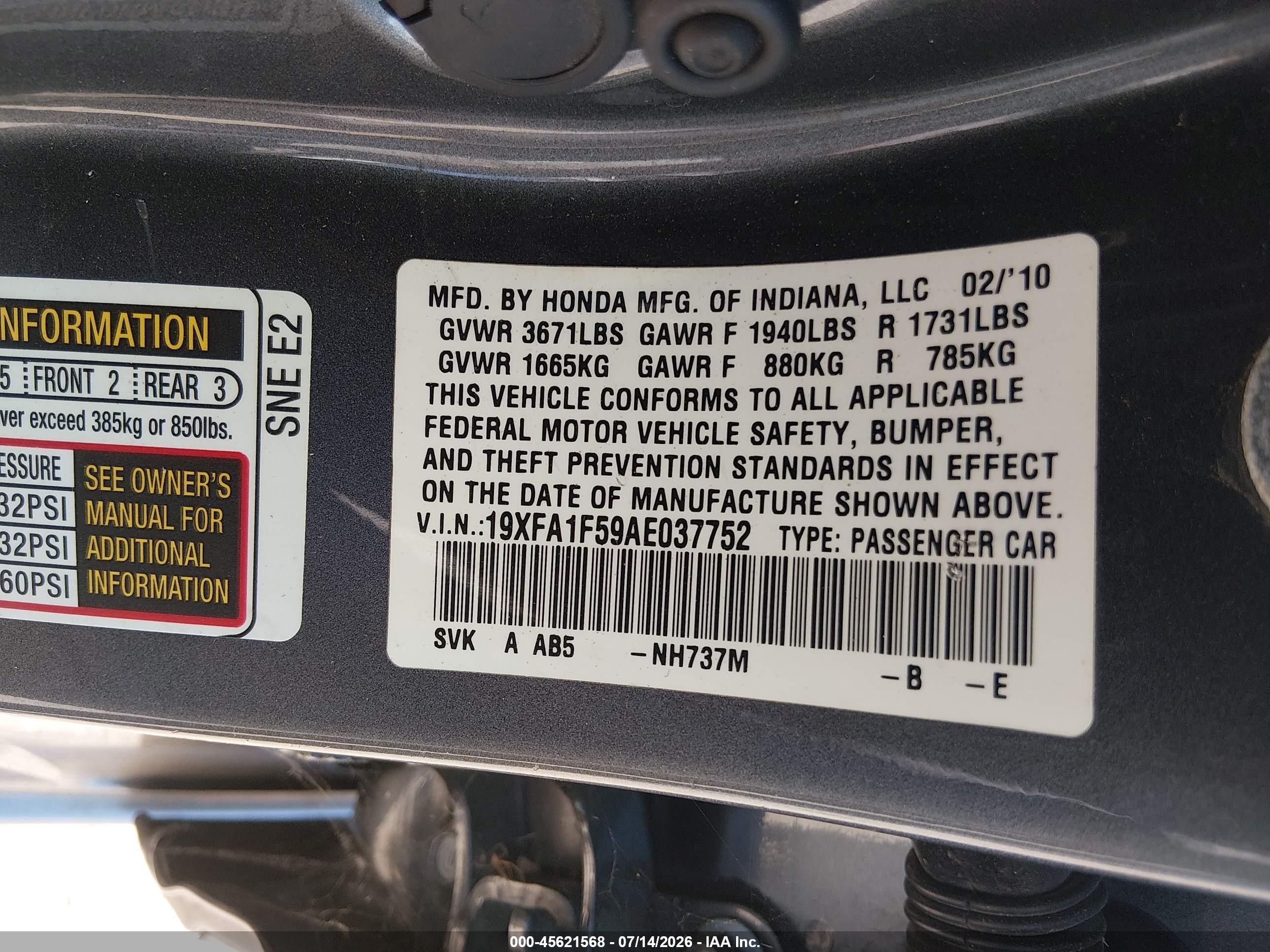 2010 Honda Civic Lx Gray vin: 19XFA1F59AE037752