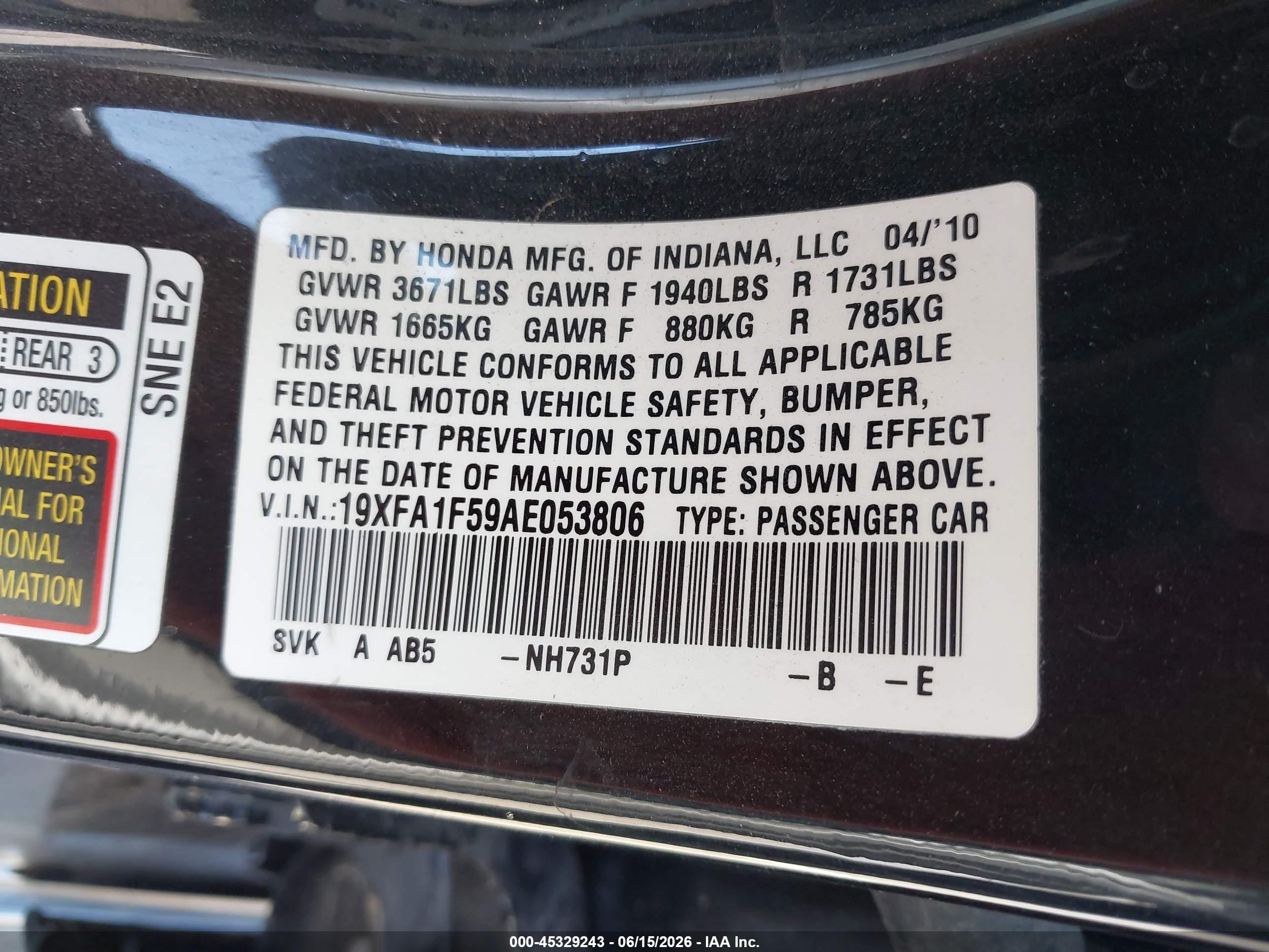 2010 Honda Civic Lx Black vin: 19XFA1F59AE053806