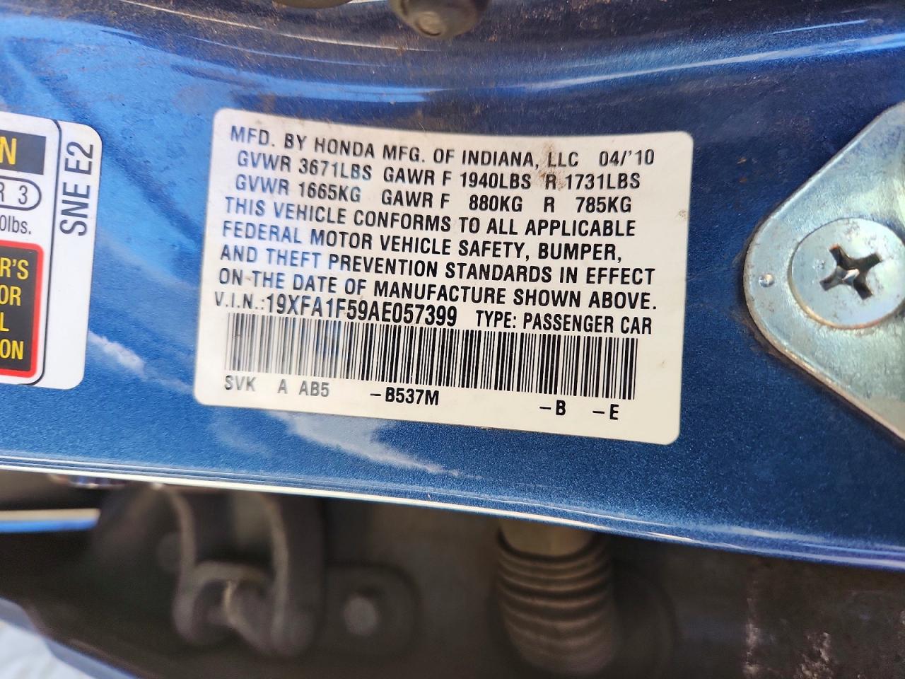 2010 Honda Civic Lx Blue vin: 19XFA1F59AE057399