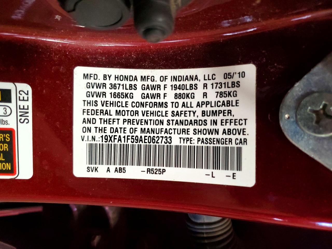 2010 Honda Civic Lx Red vin: 19XFA1F59AE062733