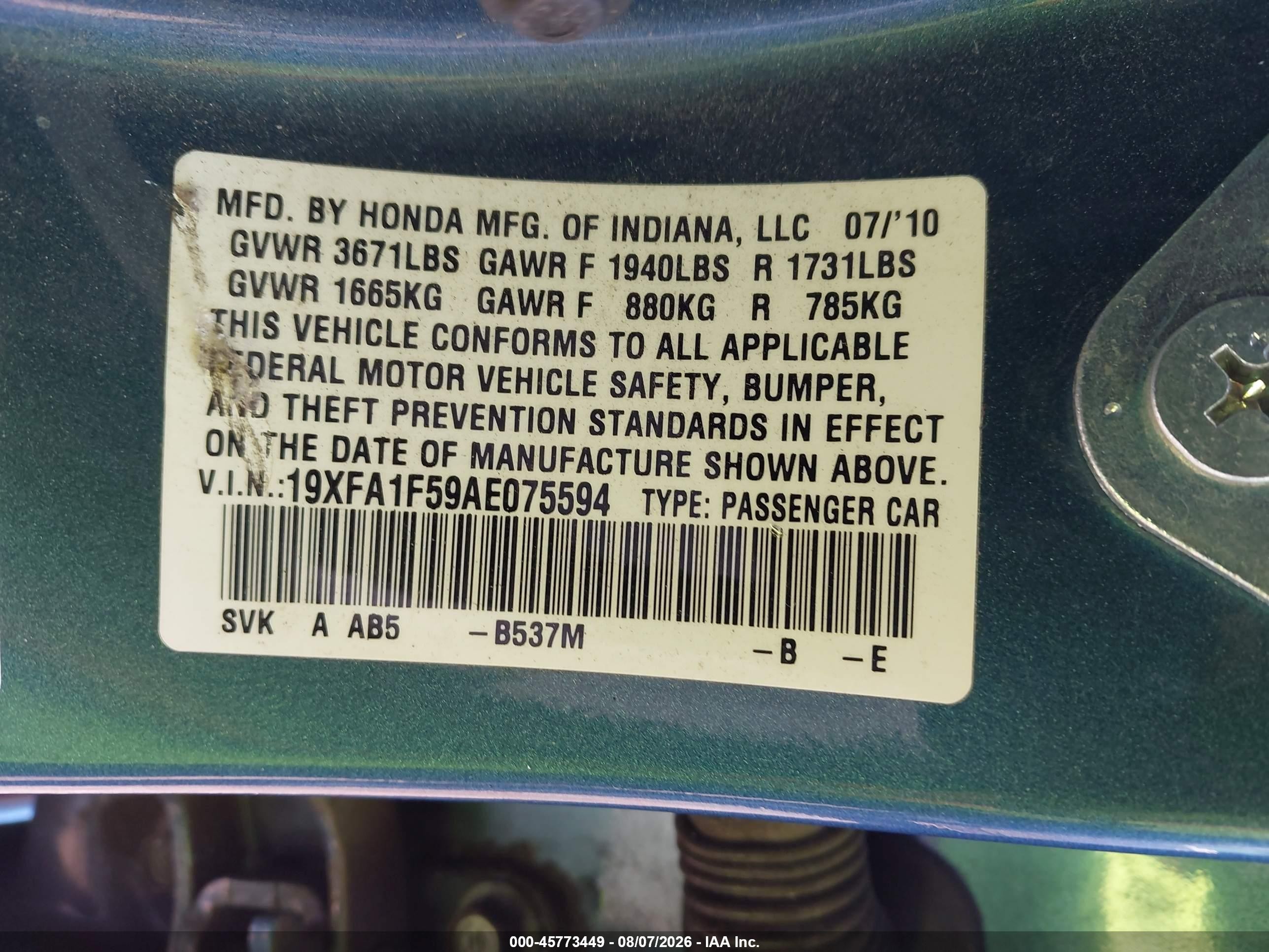 2010 Honda Civic Lx Blue vin: 19XFA1F59AE075594