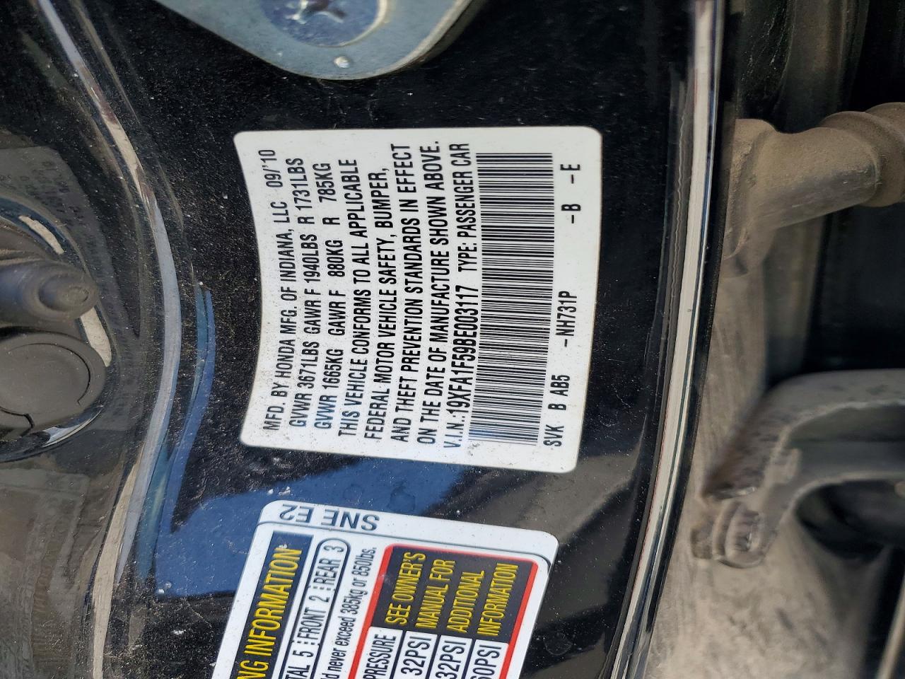 2011 Honda Civic Lx Black vin: 19XFA1F59BE003117