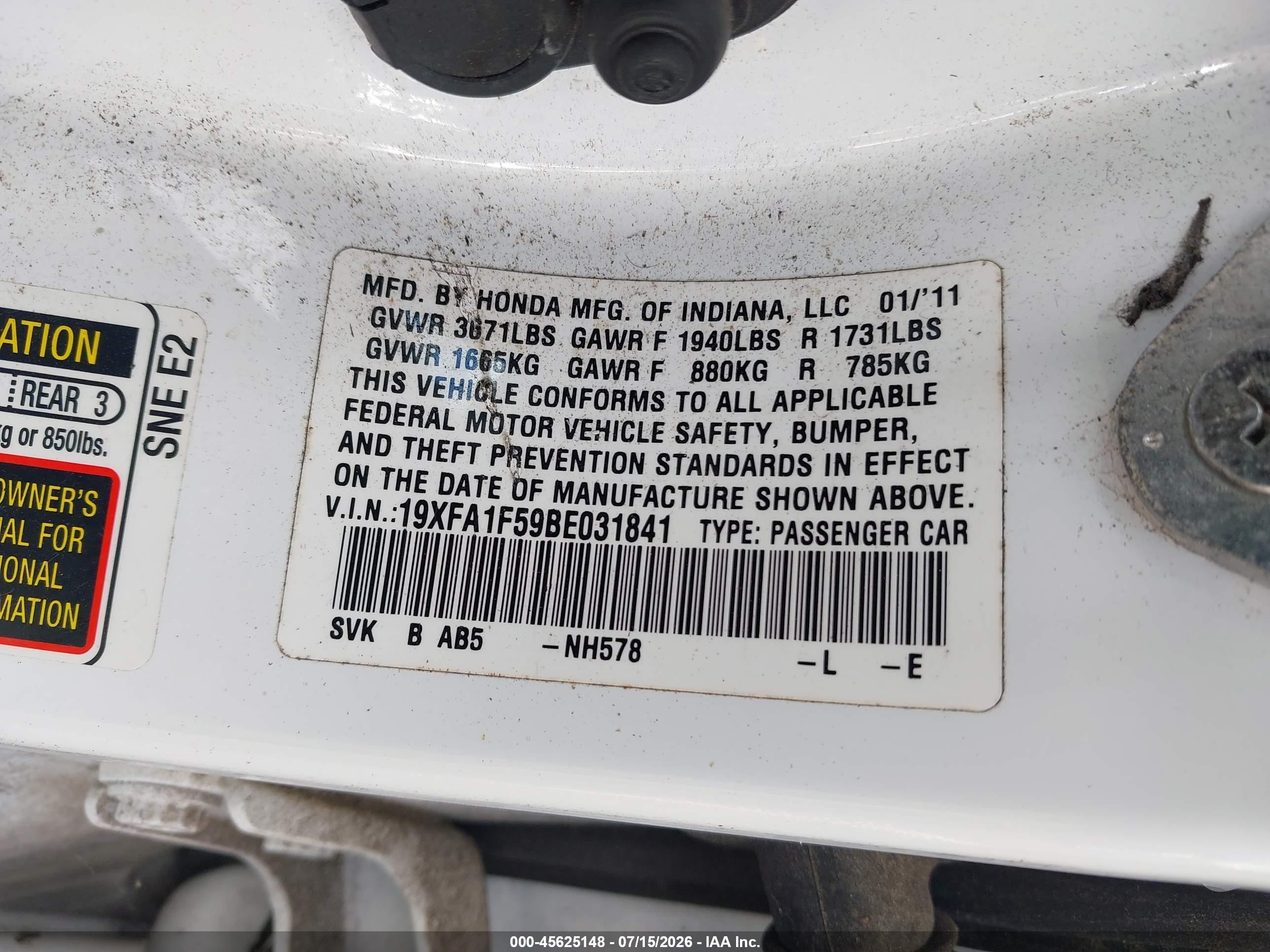 2011 Honda Civic Lx White vin: 19XFA1F59BE031841