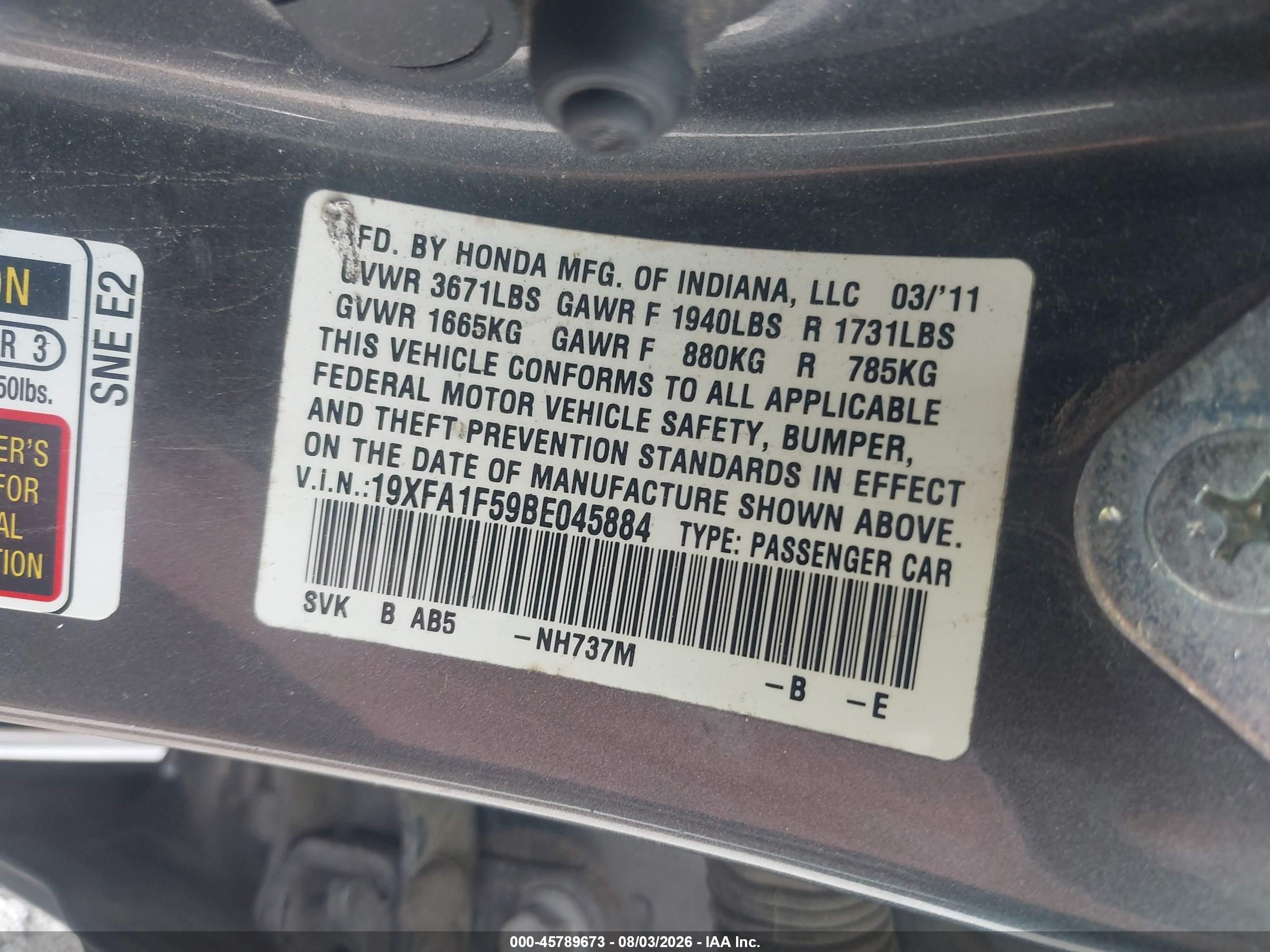 2011 Honda Civic Lx Gray vin: 19XFA1F59BE045884