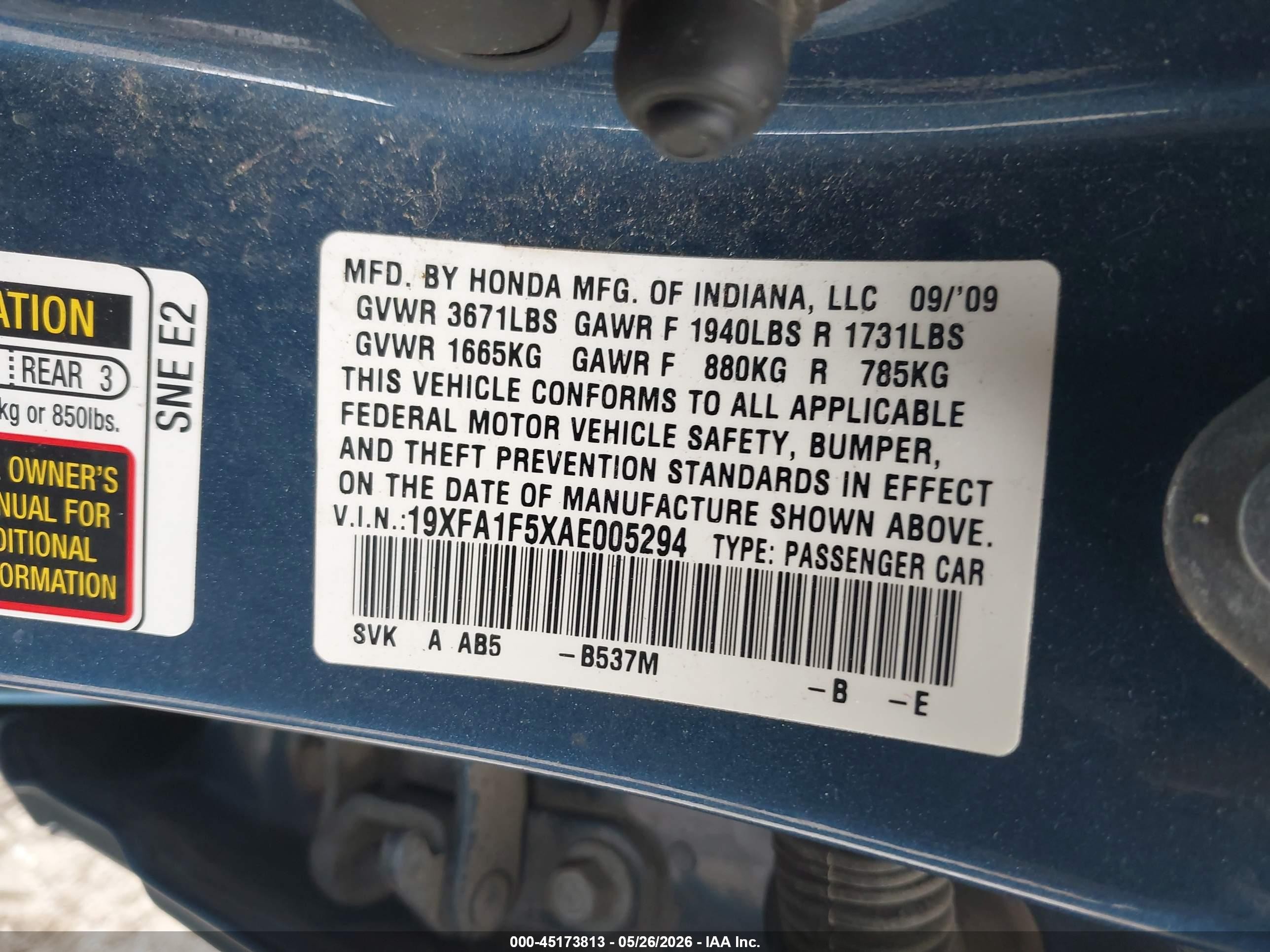 2010 Honda Civic Lx Blue vin: 19XFA1F5XAE005294
