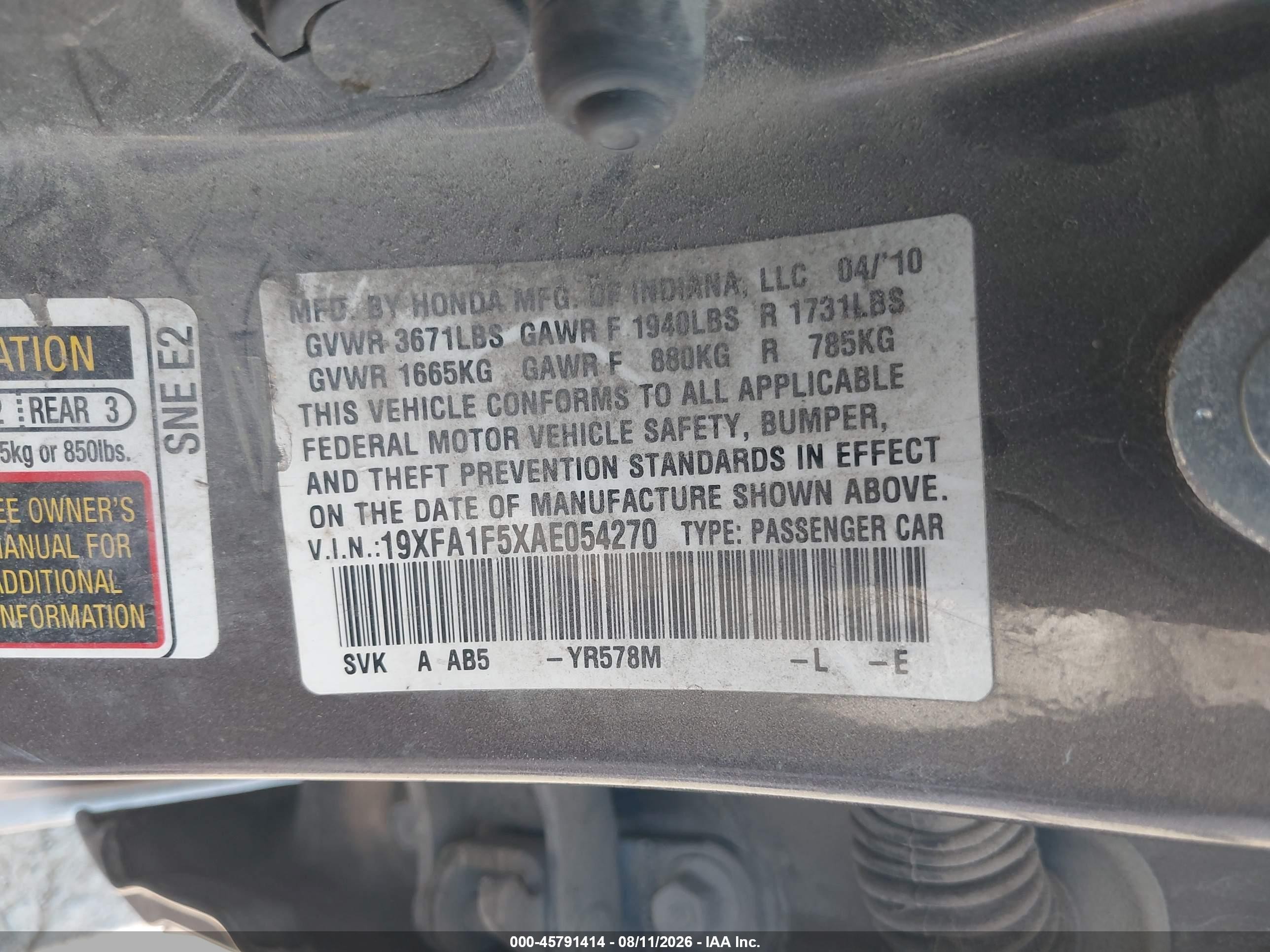 2010 Honda Civic Lx Gray vin: 19XFA1F5XAE054270