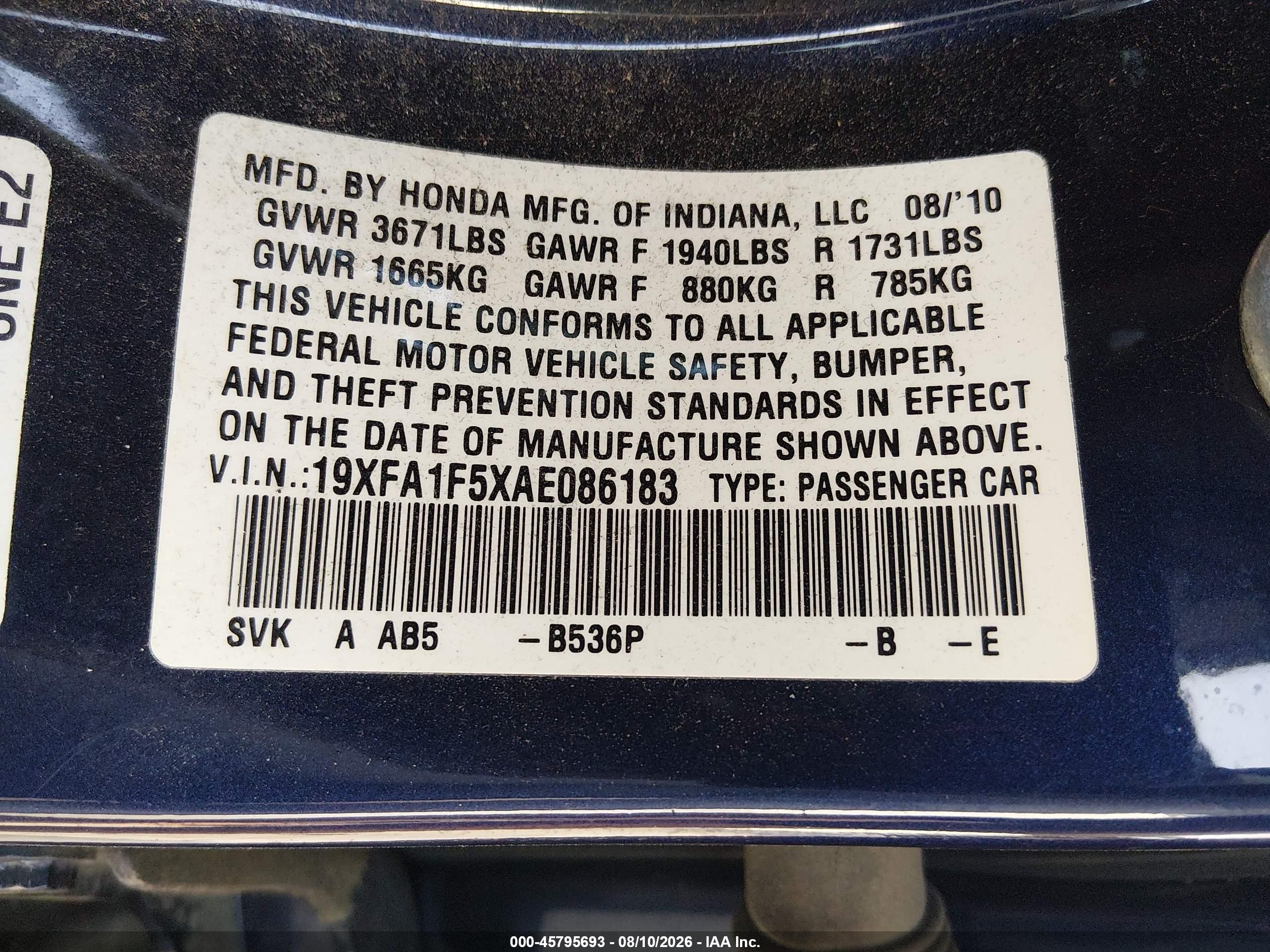 2010 Honda Civic Lx Blue vin: 19XFA1F5XAE086183