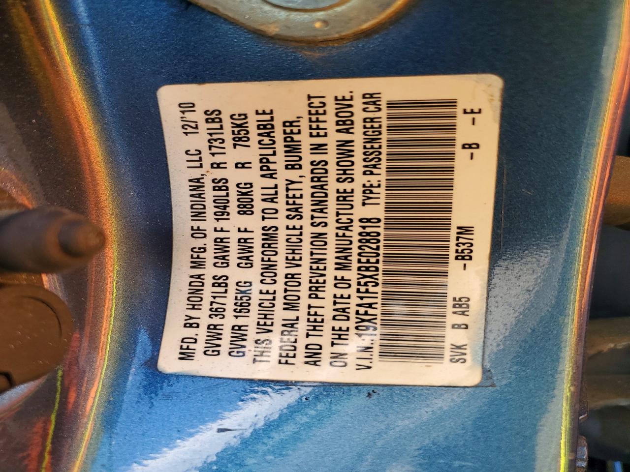 2011 Honda Civic Lx Blue vin: 19XFA1F5XBE028818