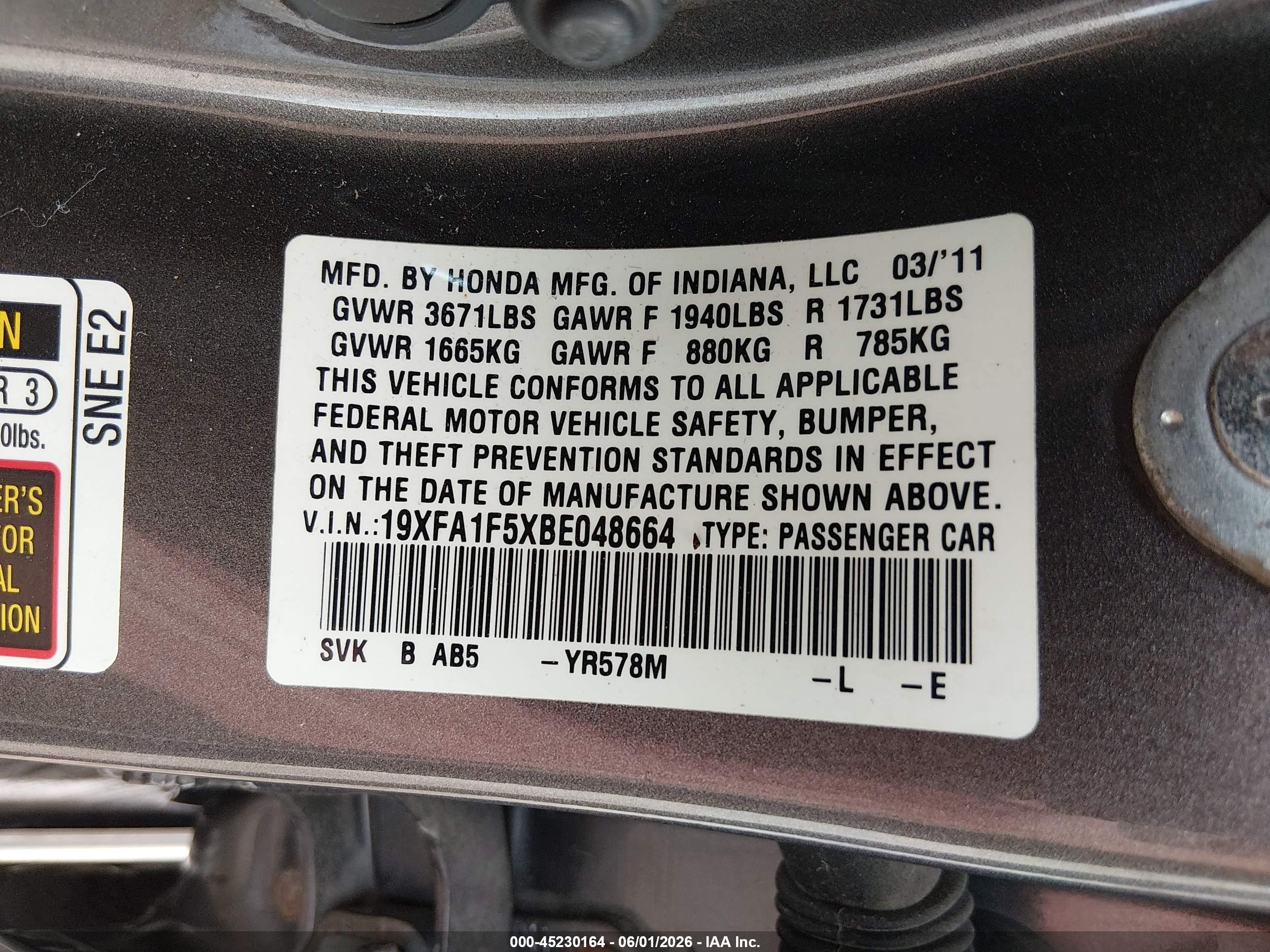 2011 Honda Civic Lx Gray vin: 19XFA1F5XBE048664
