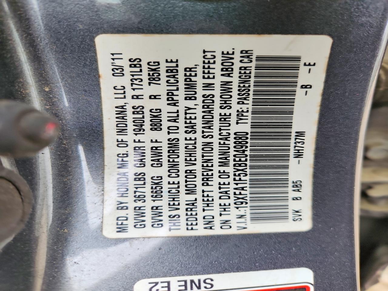2011 Honda Civic Lx Gray vin: 19XFA1F5XBE049880