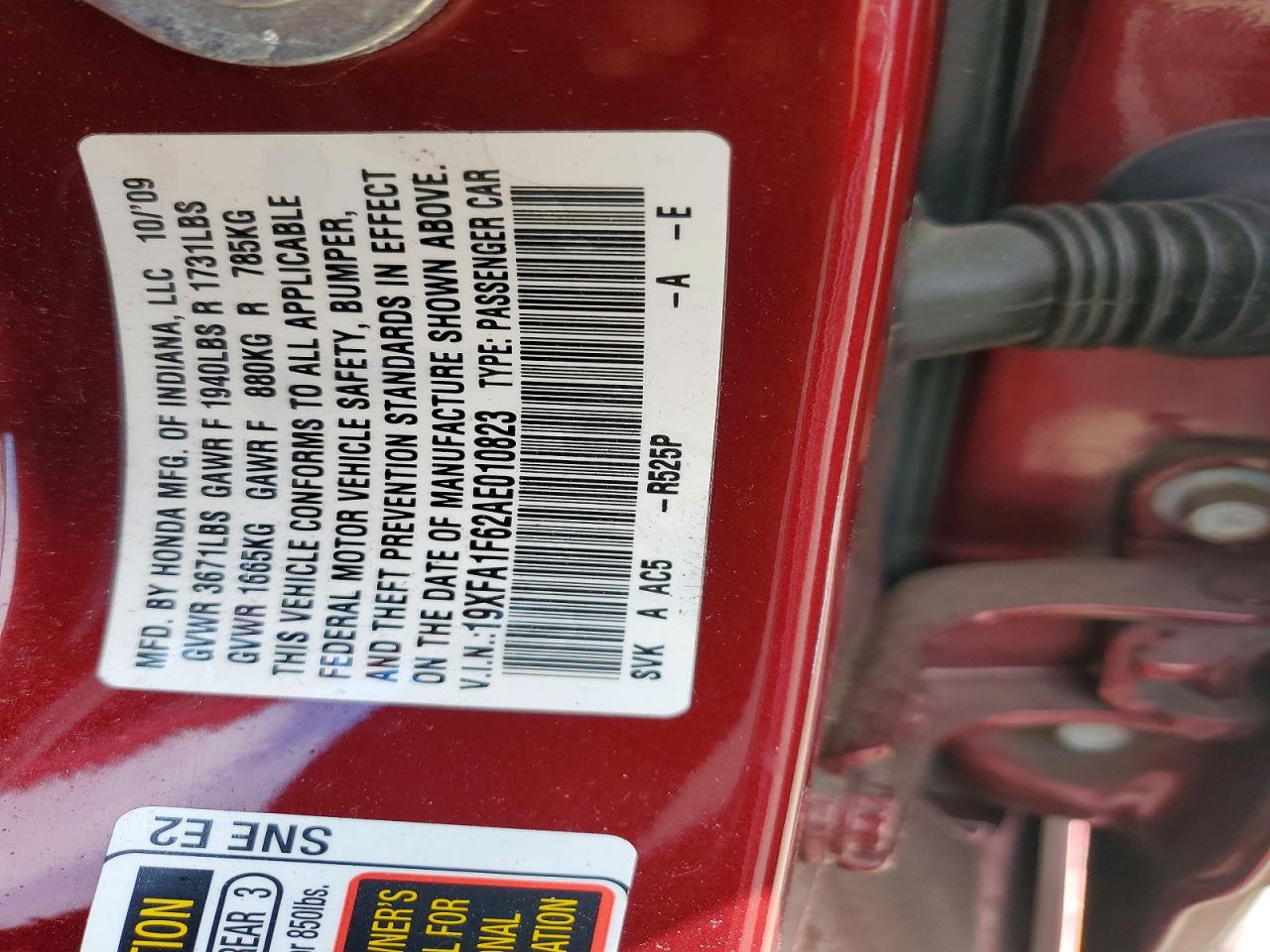 2010 Honda Civic Lx-s Red vin: 19XFA1F62AE010823