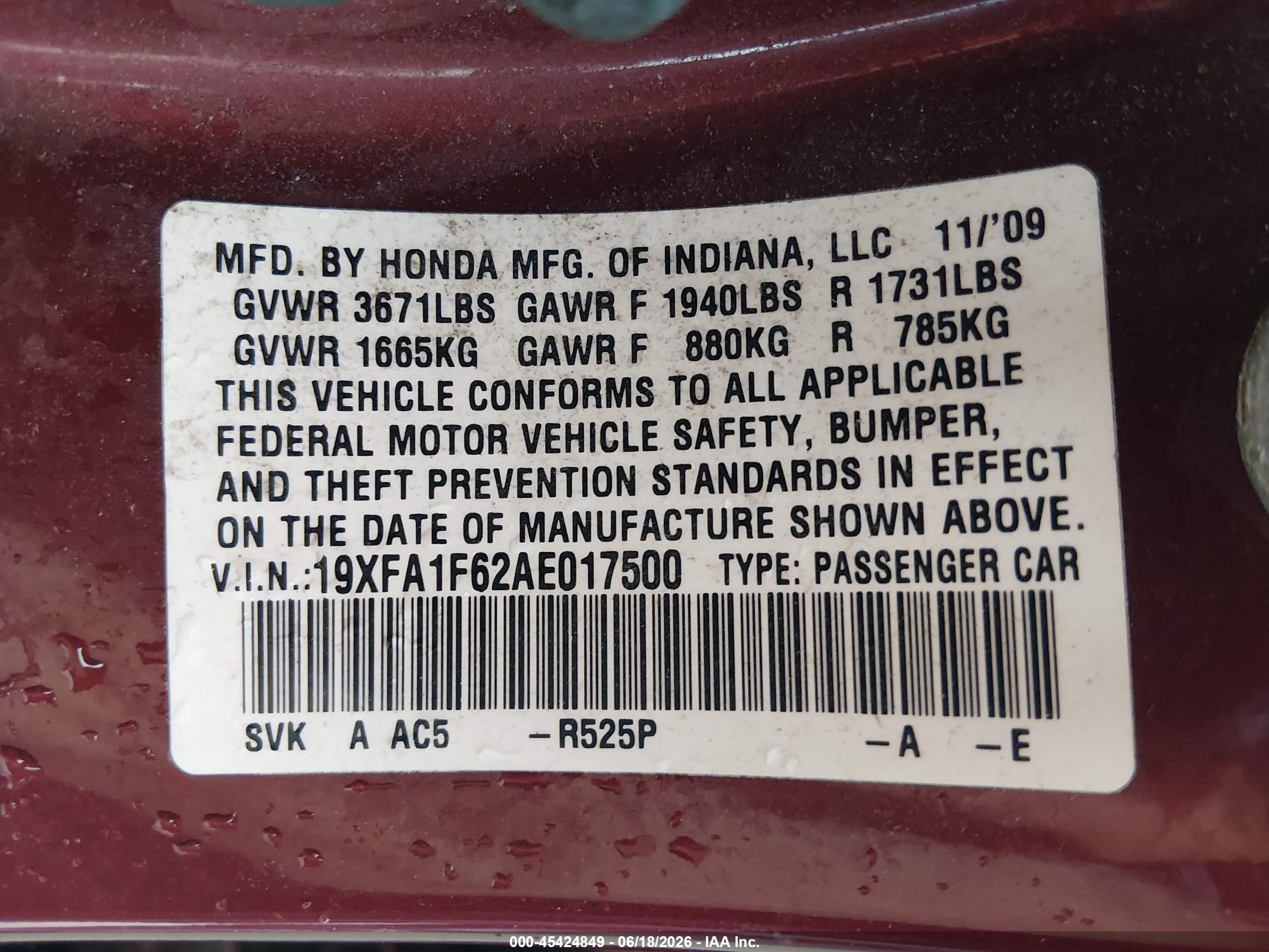 2010 Honda Civic Lx-s Red vin: 19XFA1F62AE017500