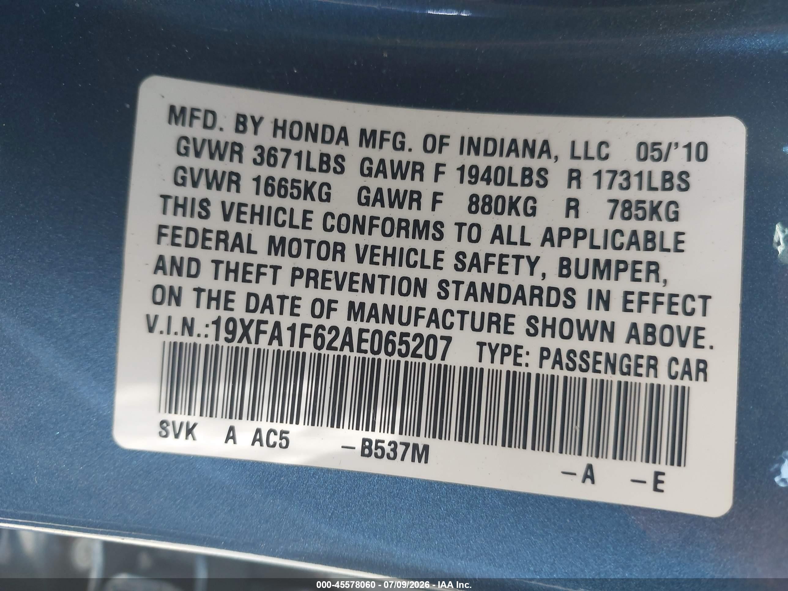 2010 Honda Civic Lx-s Blue vin: 19XFA1F62AE065207