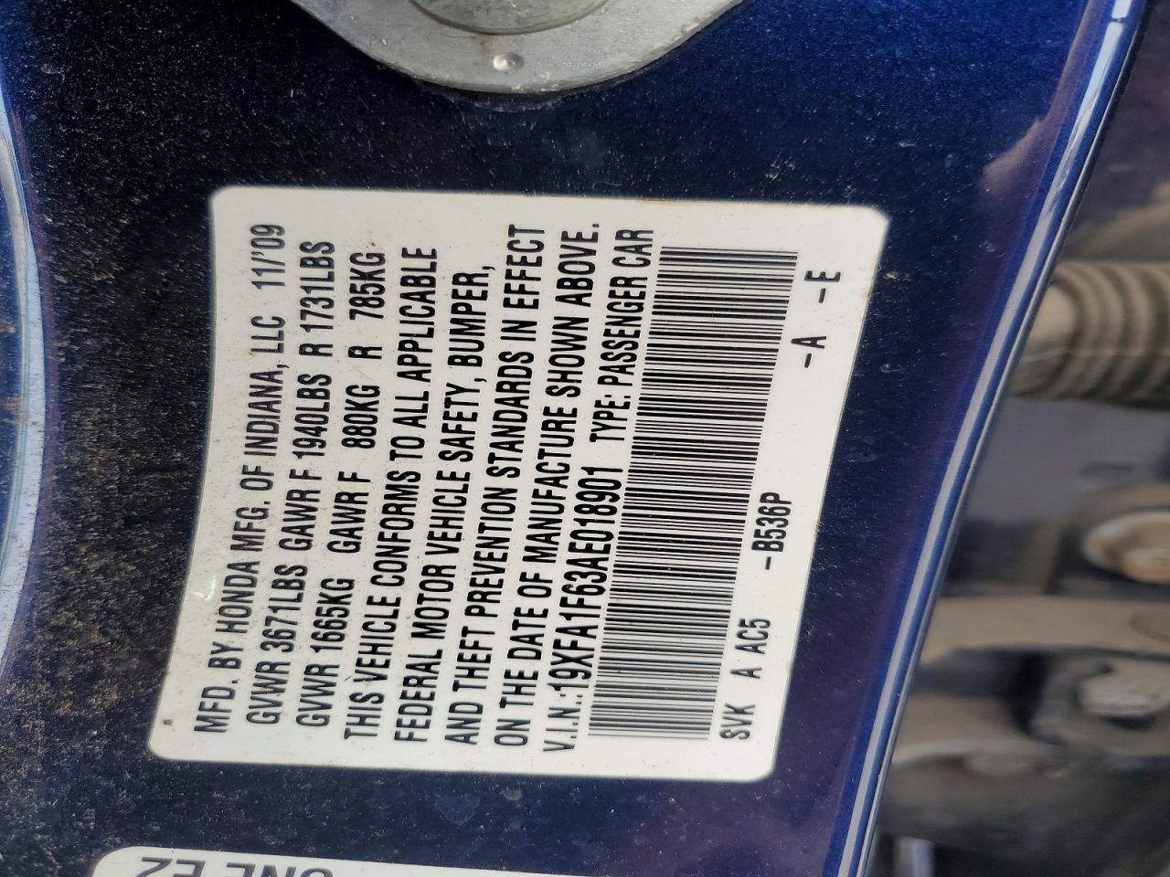 2010 Honda Civic Lx-s Blue vin: 19XFA1F63AE018901