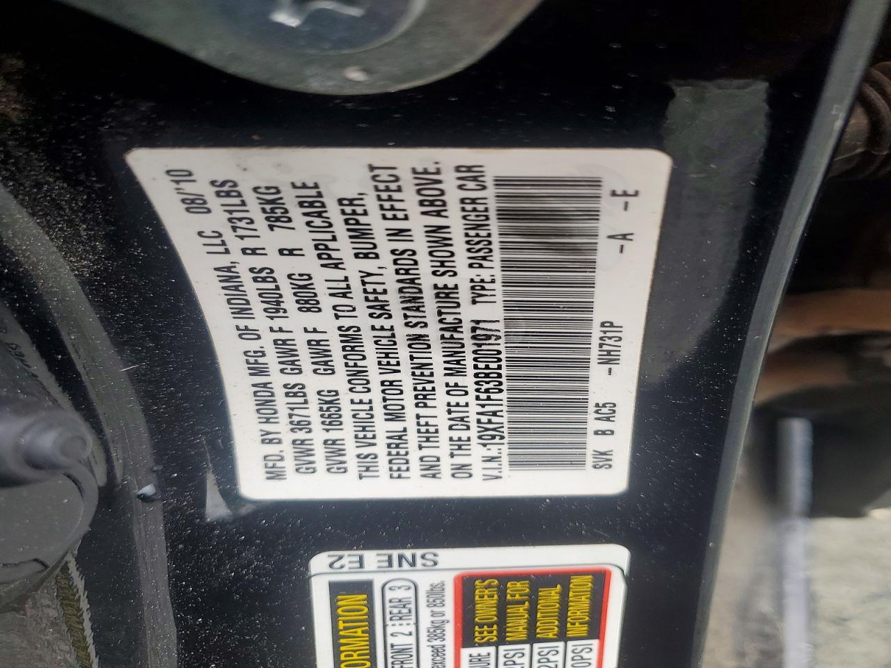 2011 Honda Civic Lx-s Black vin: 19XFA1F63BE001971