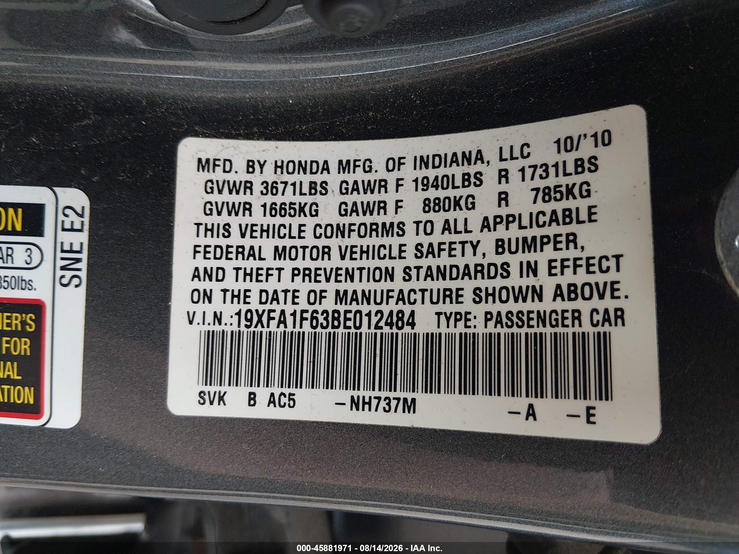 2011 Honda Civic Lx-s Gray vin: 19XFA1F63BE012484