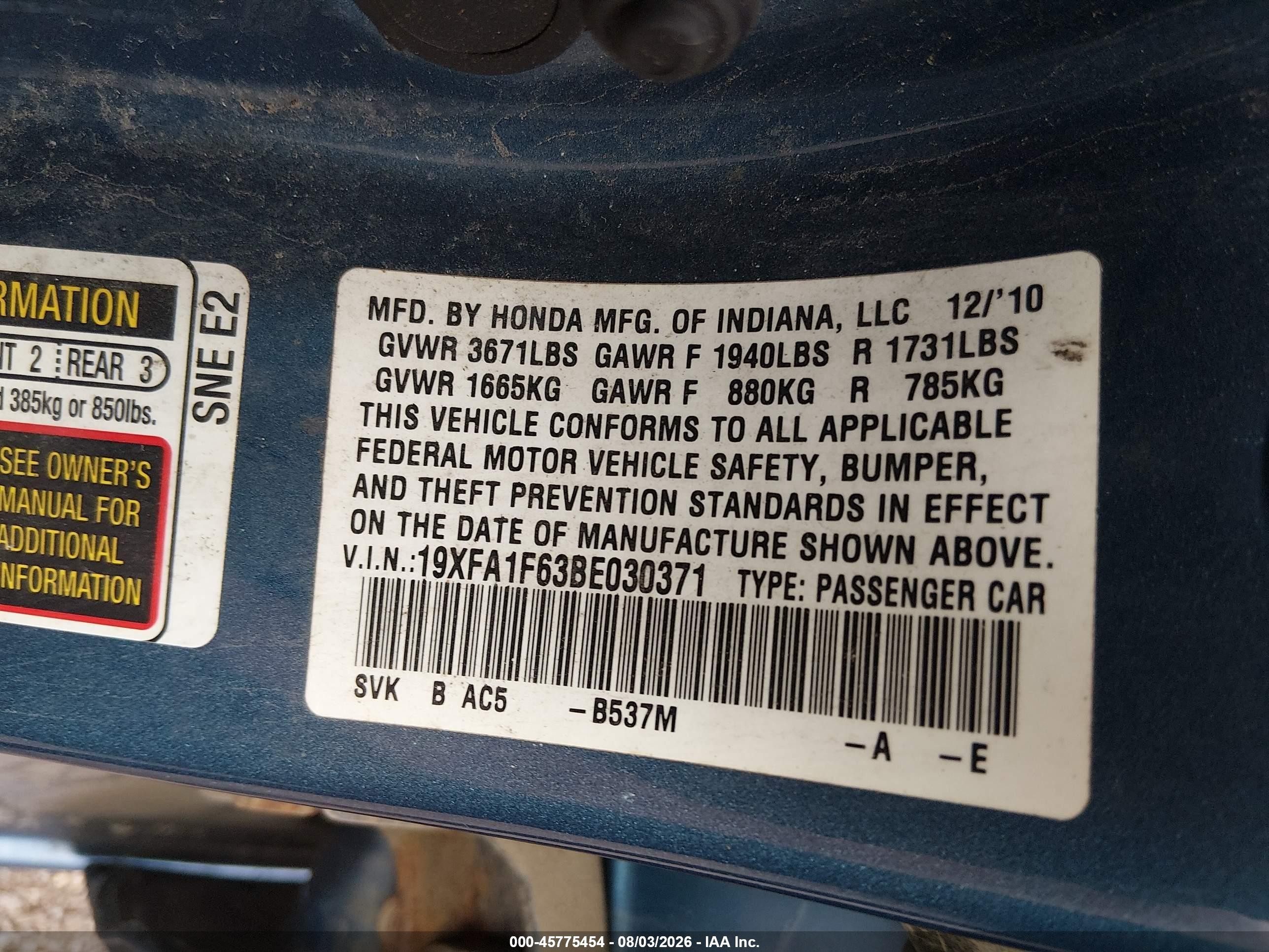 2011 Honda Civic Lx-s Light Blue vin: 19XFA1F63BE030371