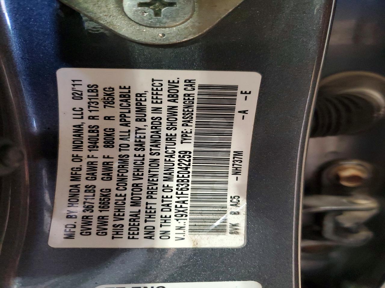 2011 Honda Civic Lx-s Gray vin: 19XFA1F63BE042259