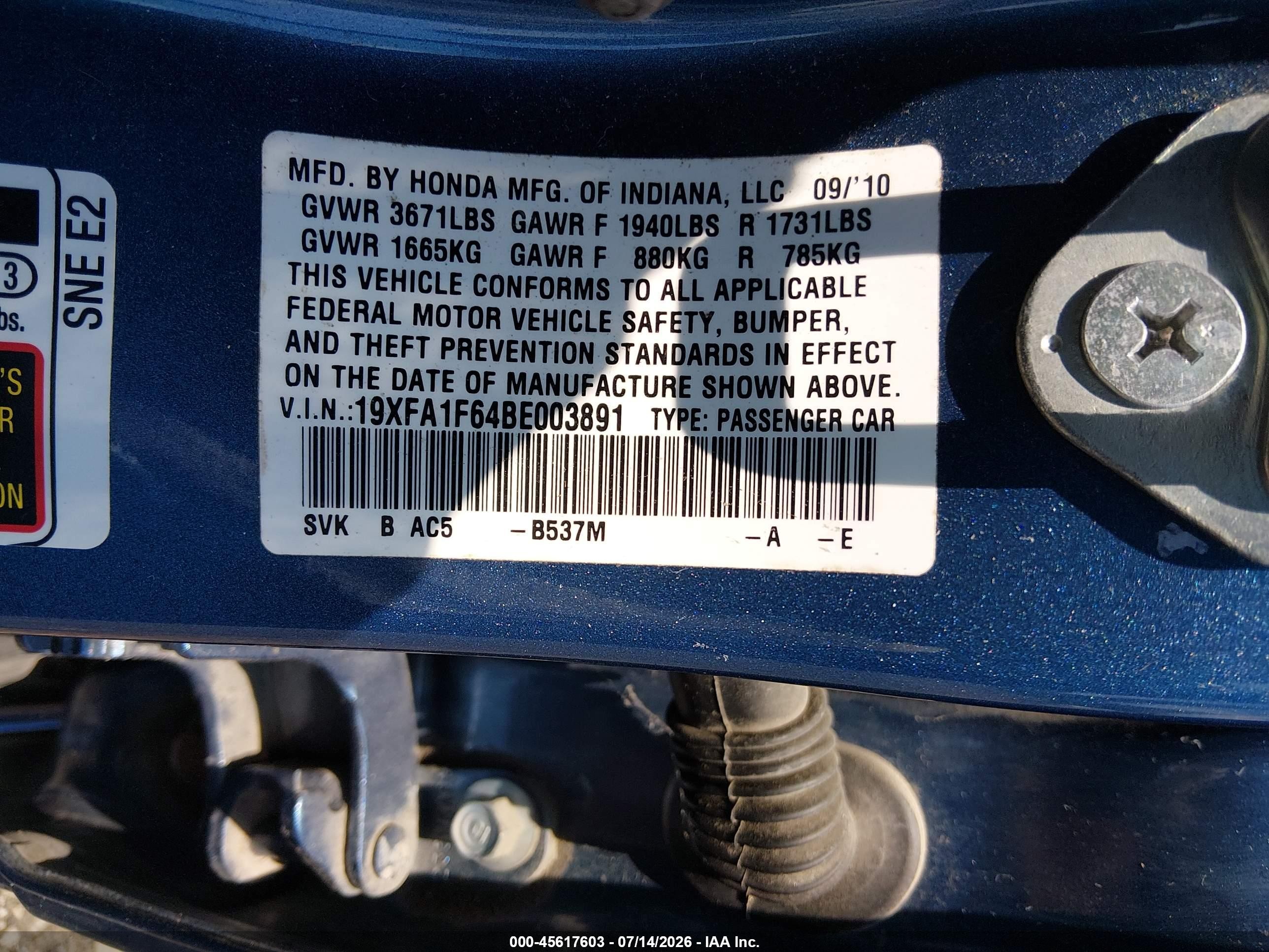 2011 Honda Civic Lx-s Blue vin: 19XFA1F64BE003891
