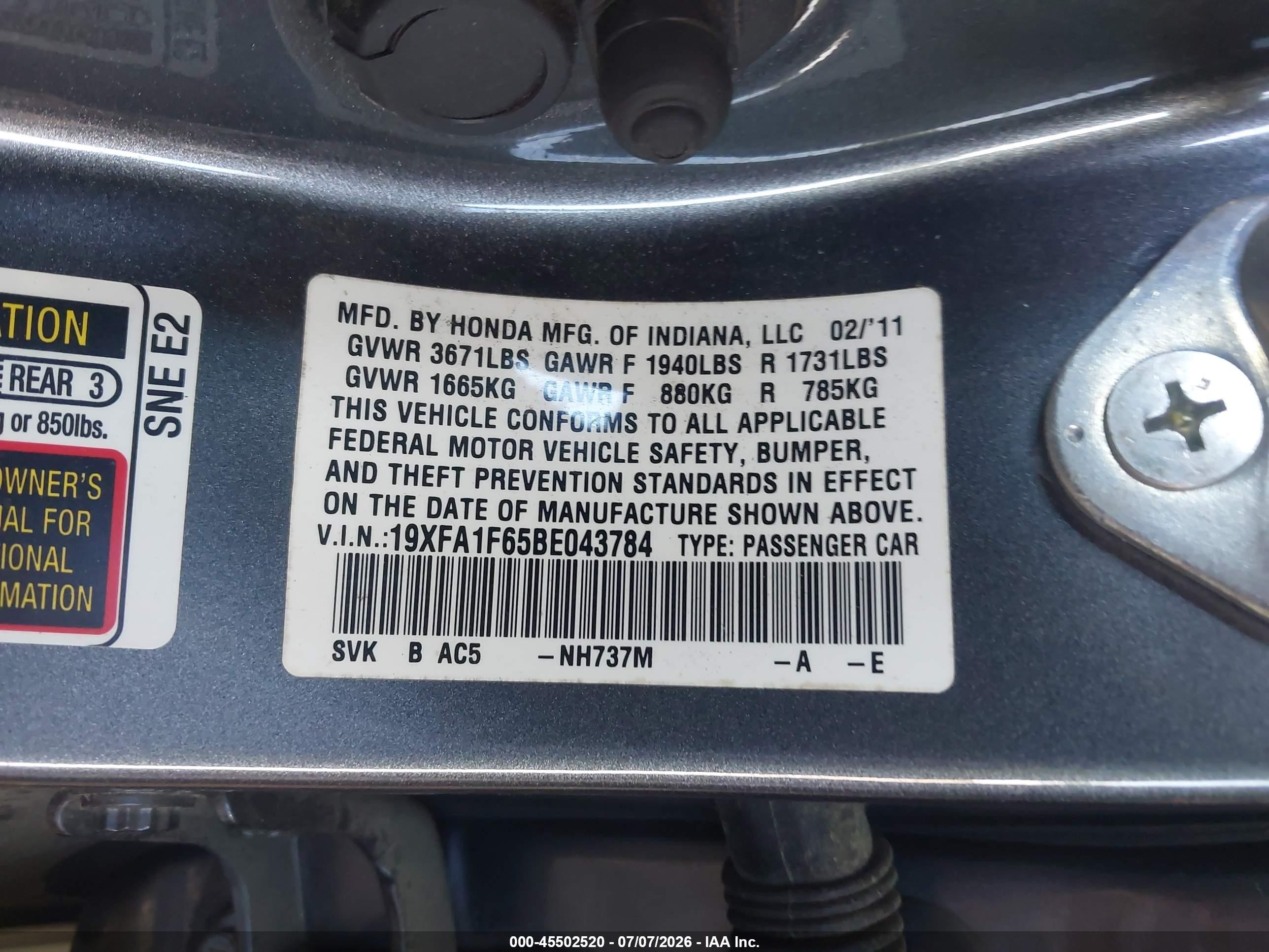 2011 Honda Civic Lx-s Gray vin: 19XFA1F65BE043784