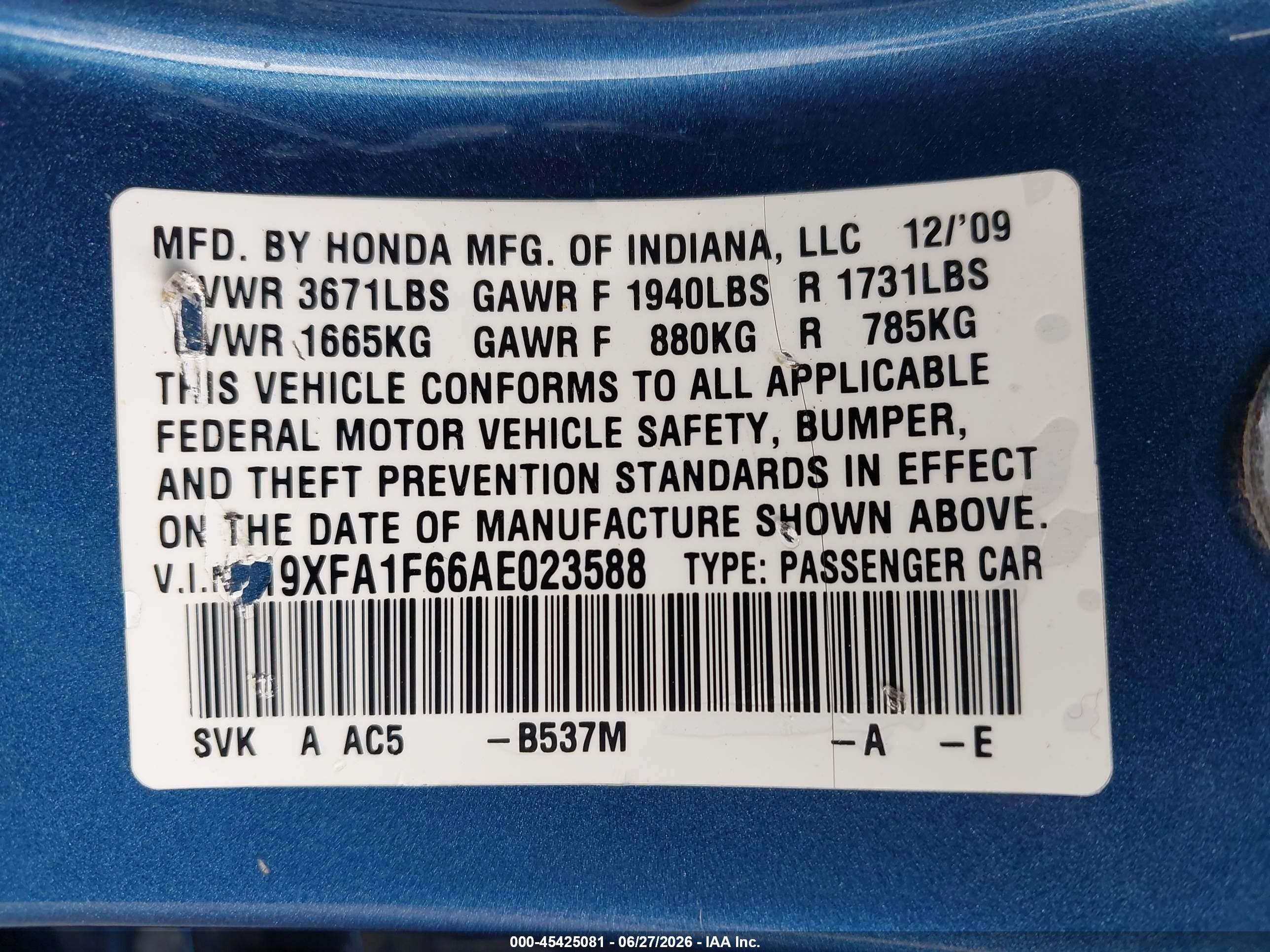 2010 Honda Civic Lx-s Blue vin: 19XFA1F66AE023588