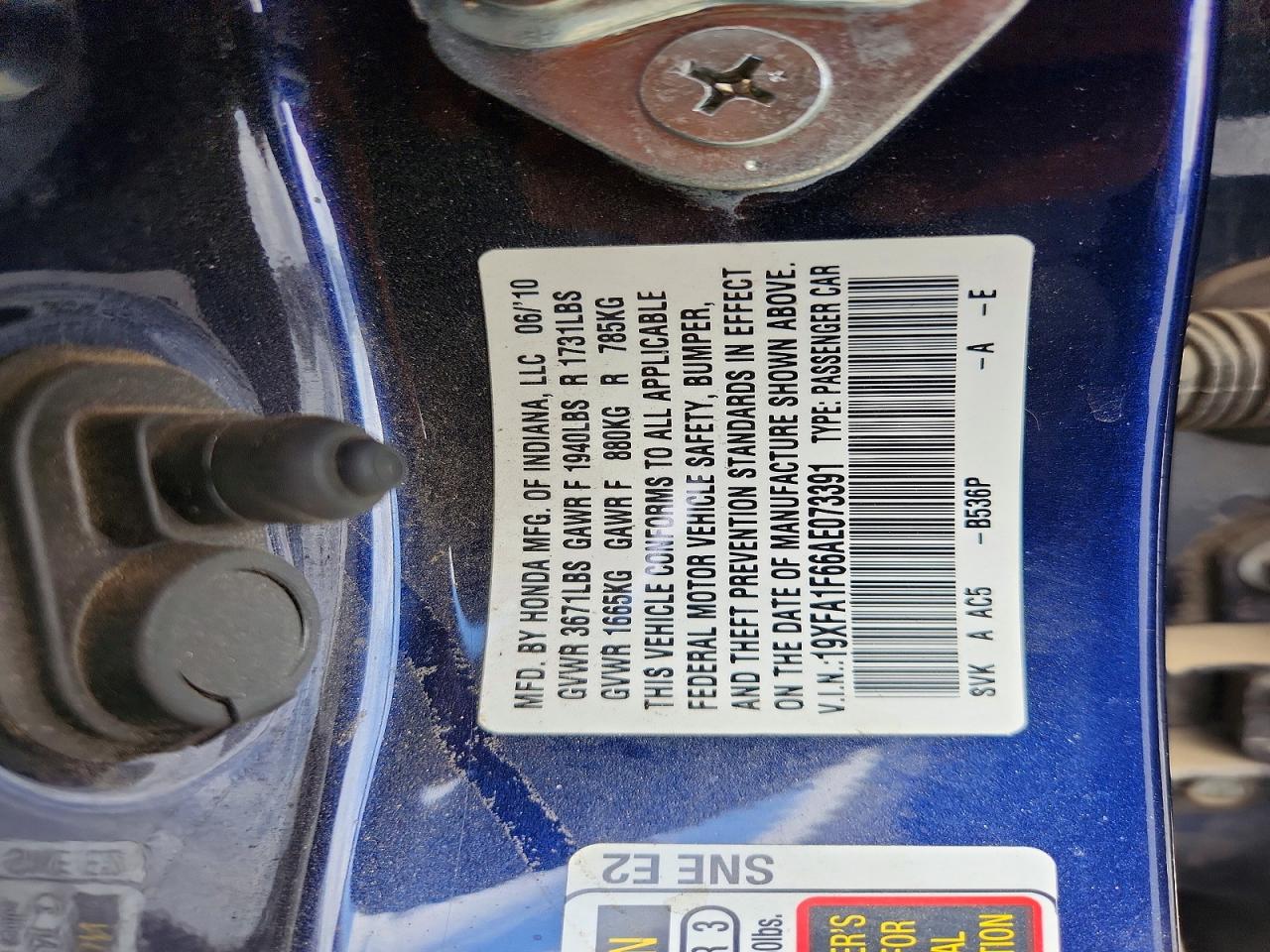 2010 Honda Civic Lx-s Blue vin: 19XFA1F66AE073391