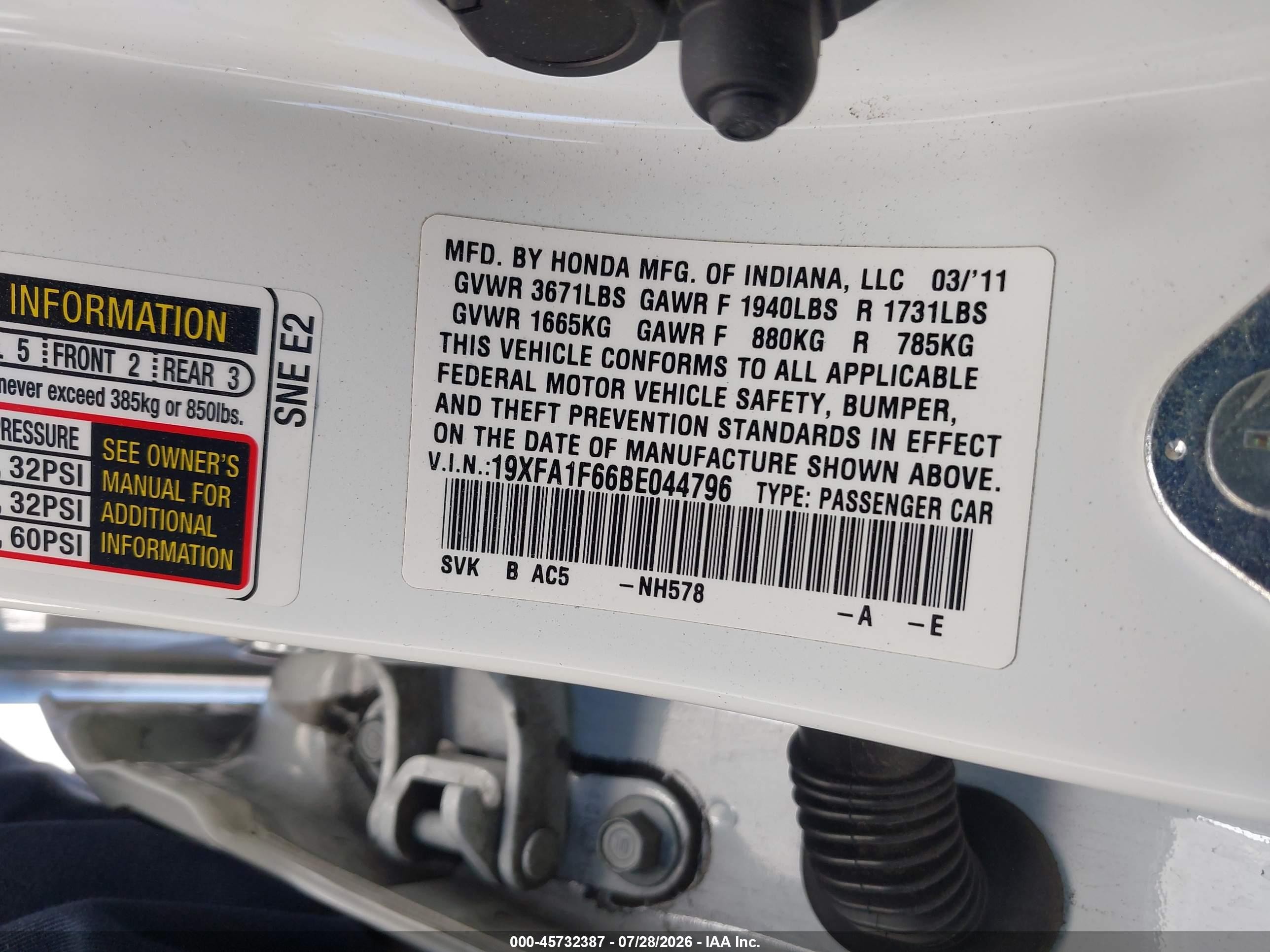 2011 Honda Civic Lx-s White vin: 19XFA1F66BE044796