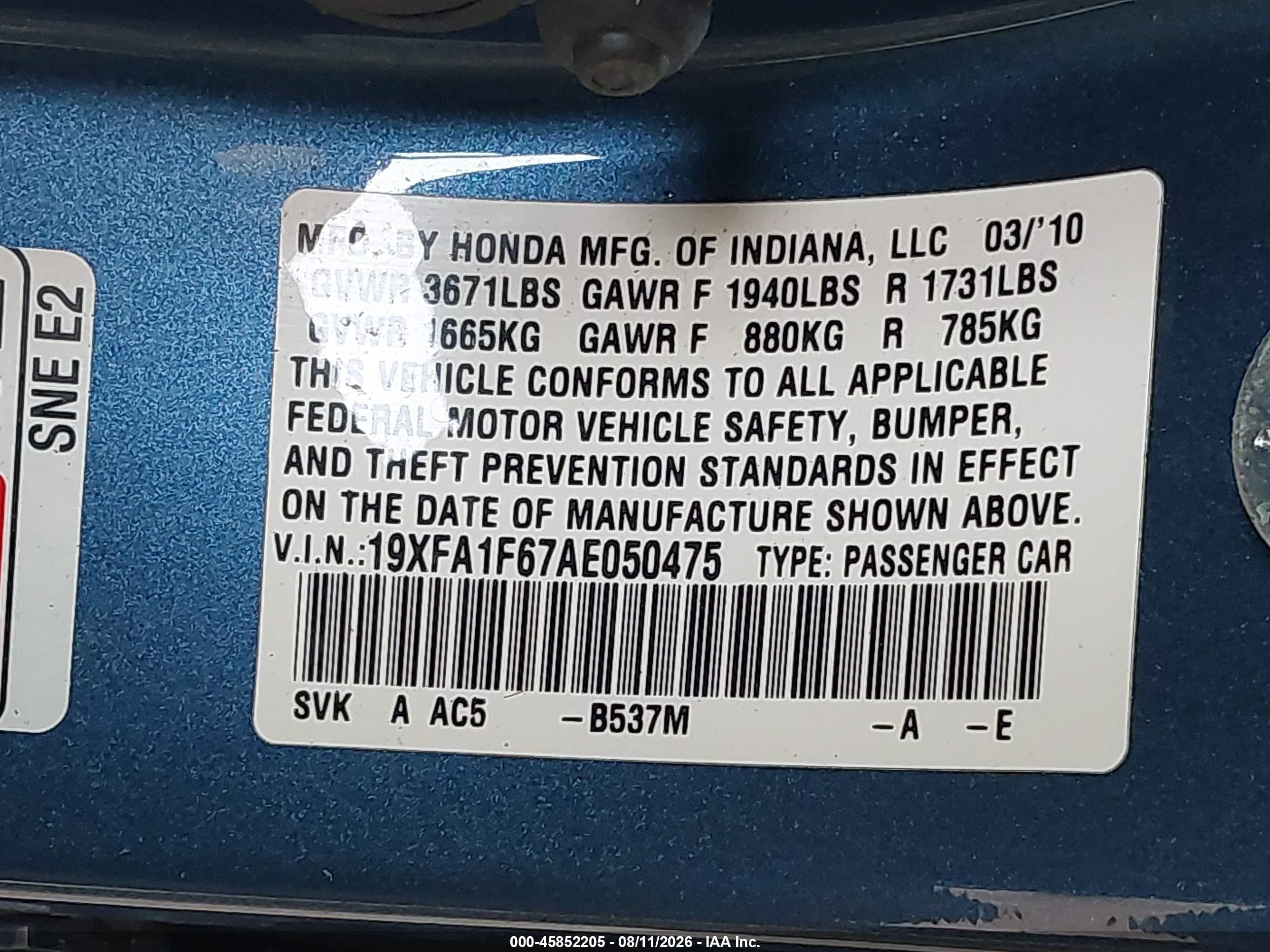 2010 Honda Civic Lx-s Blue vin: 19XFA1F67AE050475
