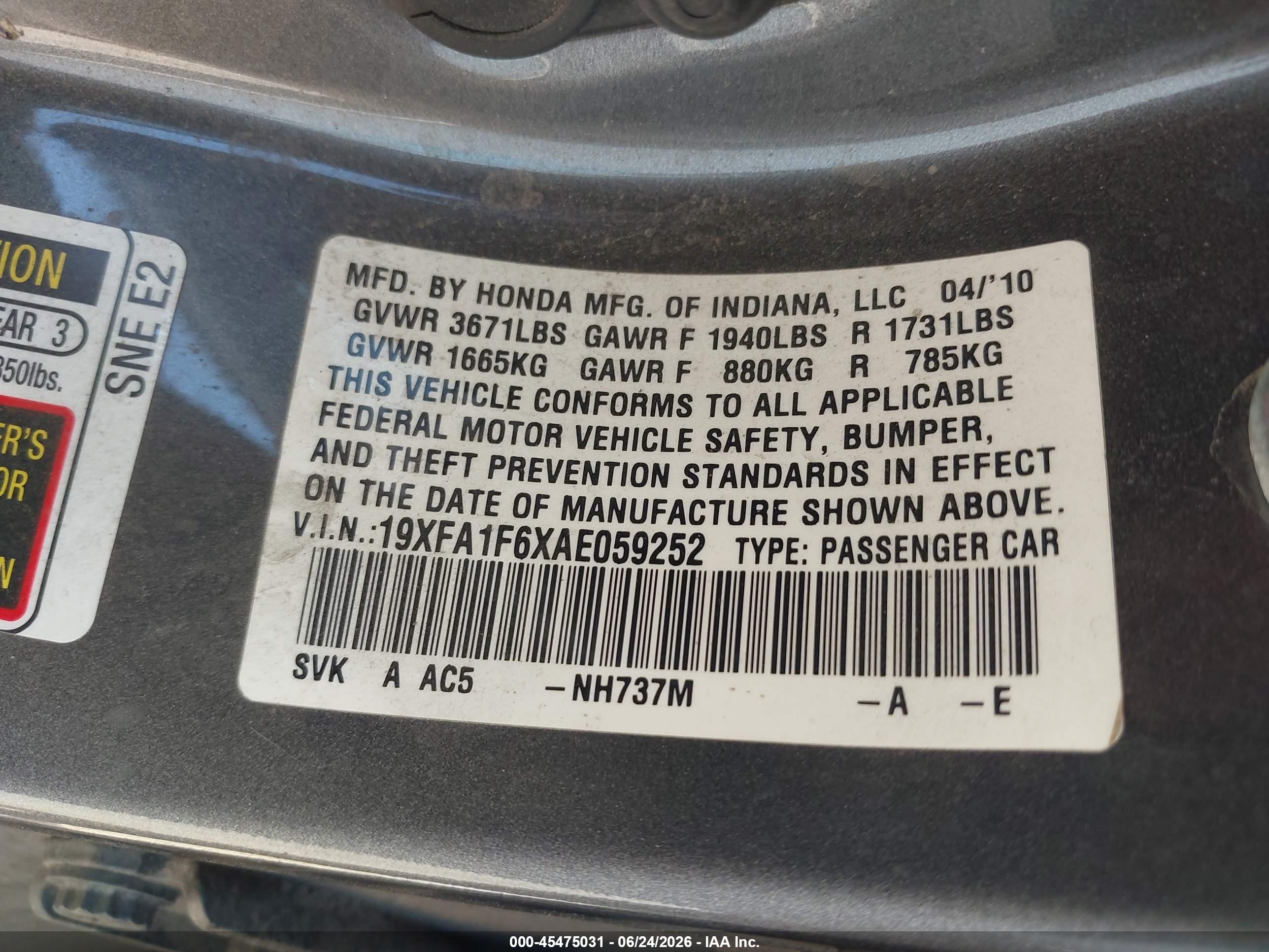 2010 Honda Civic Lx-s Gray vin: 19XFA1F6XAE059252