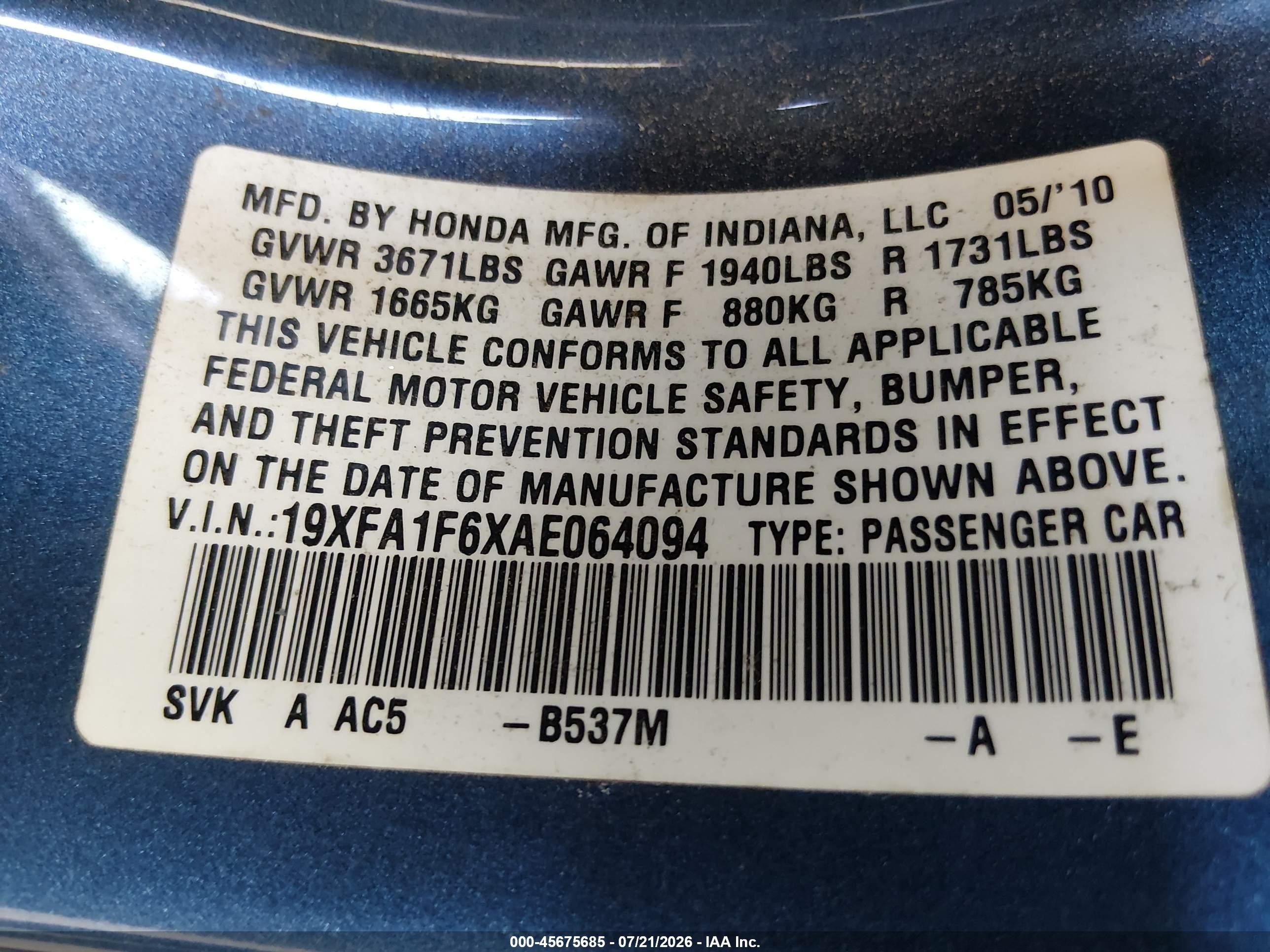 2010 Honda Civic Lx-s Blue vin: 19XFA1F6XAE064094
