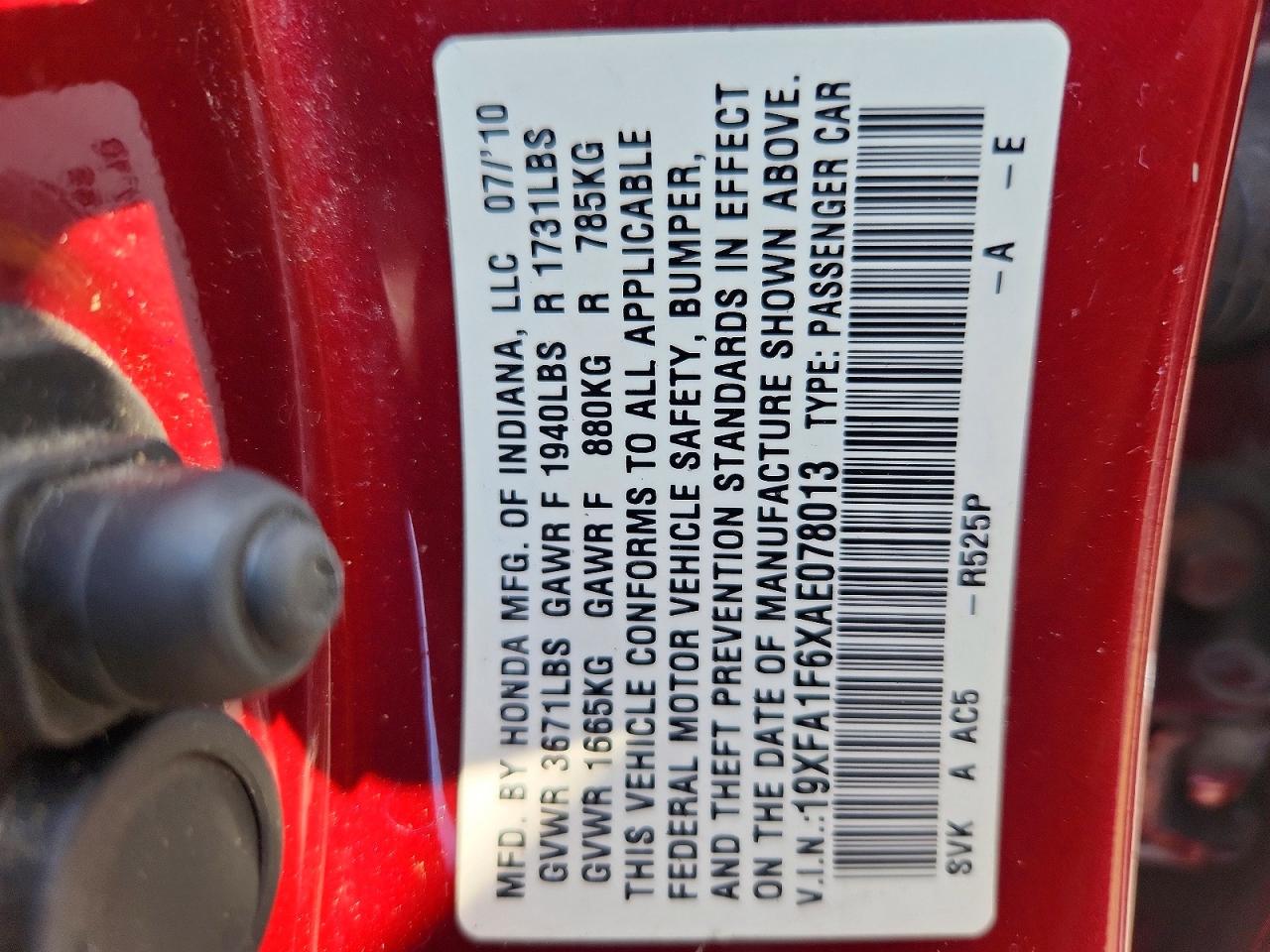 2010 Honda Civic Lx-s Maroon vin: 19XFA1F6XAE078013