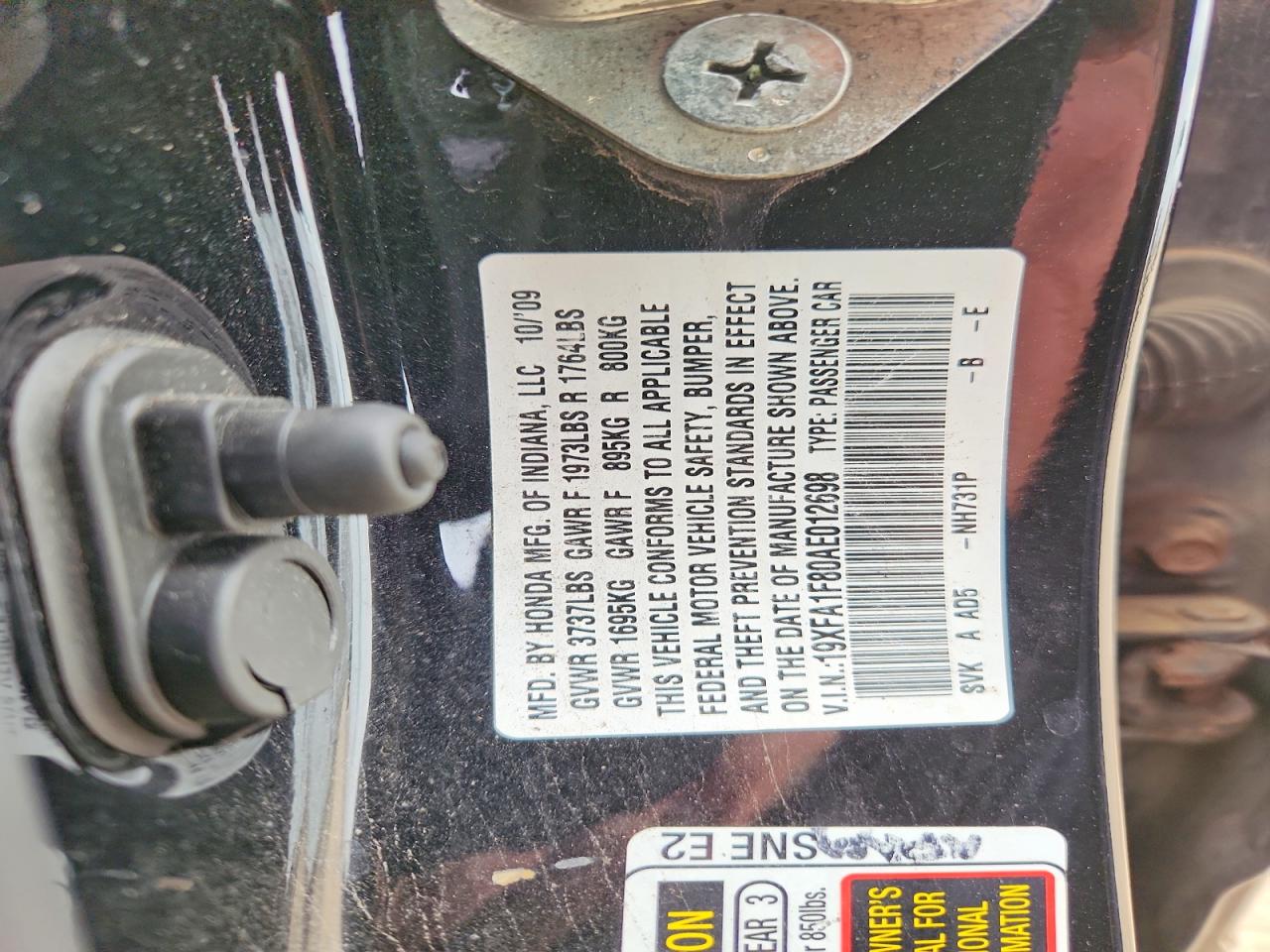 2010 Honda Civic Ex Black vin: 19XFA1F80AE012698