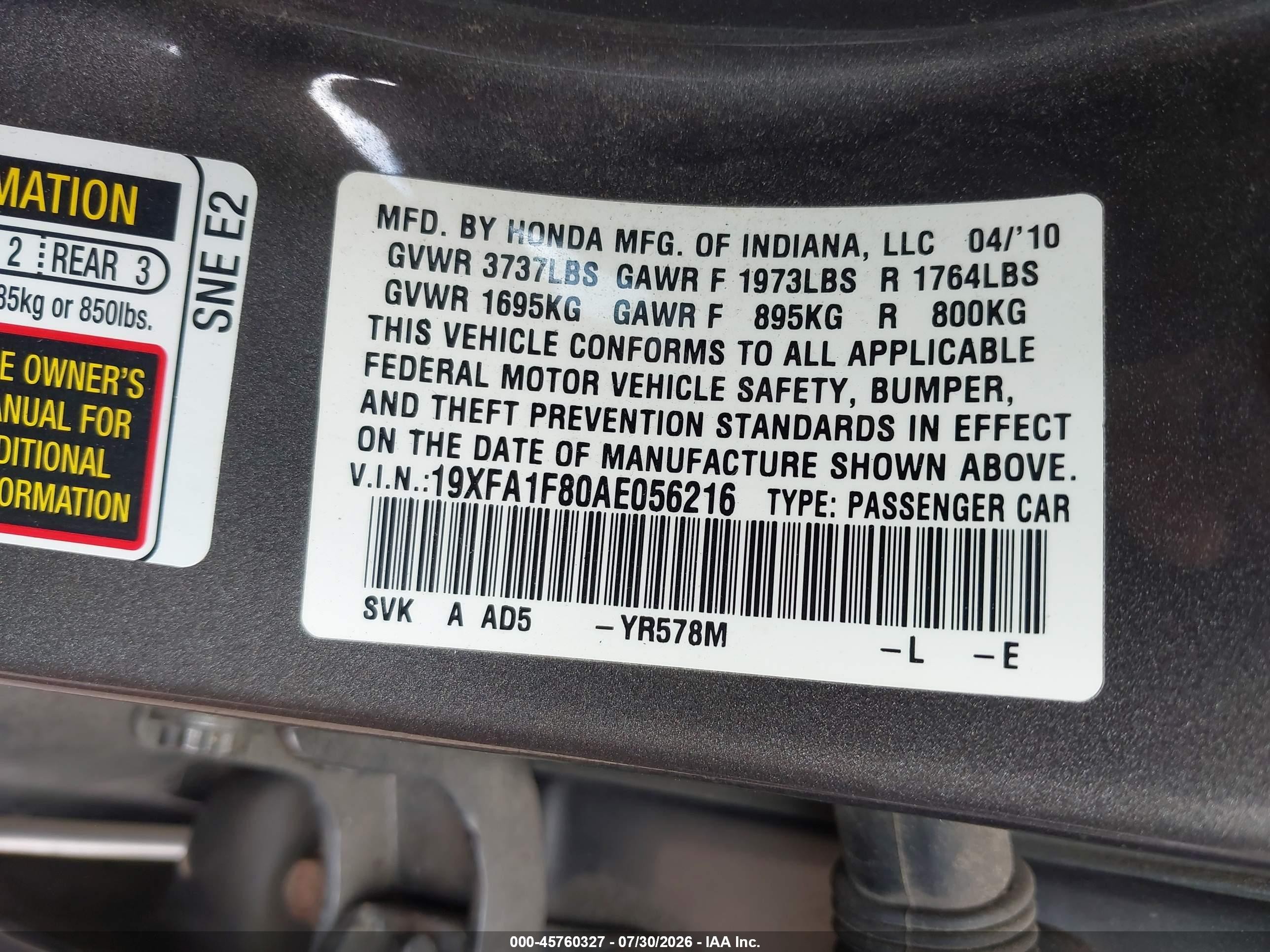 2010 Honda Civic Ex Gray vin: 19XFA1F80AE056216