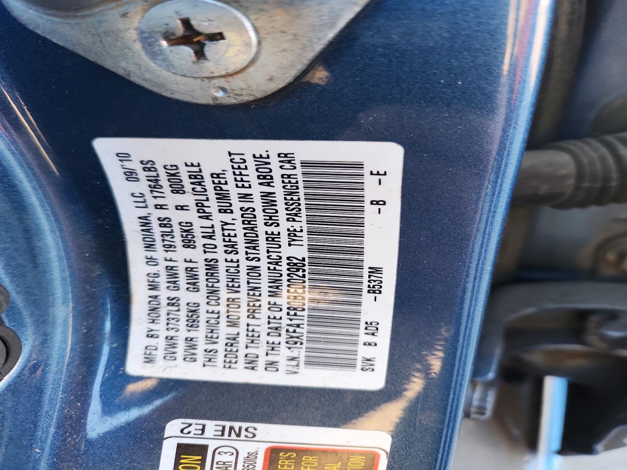 2011 Honda Civic Ex Blue vin: 19XFA1F80BE002982